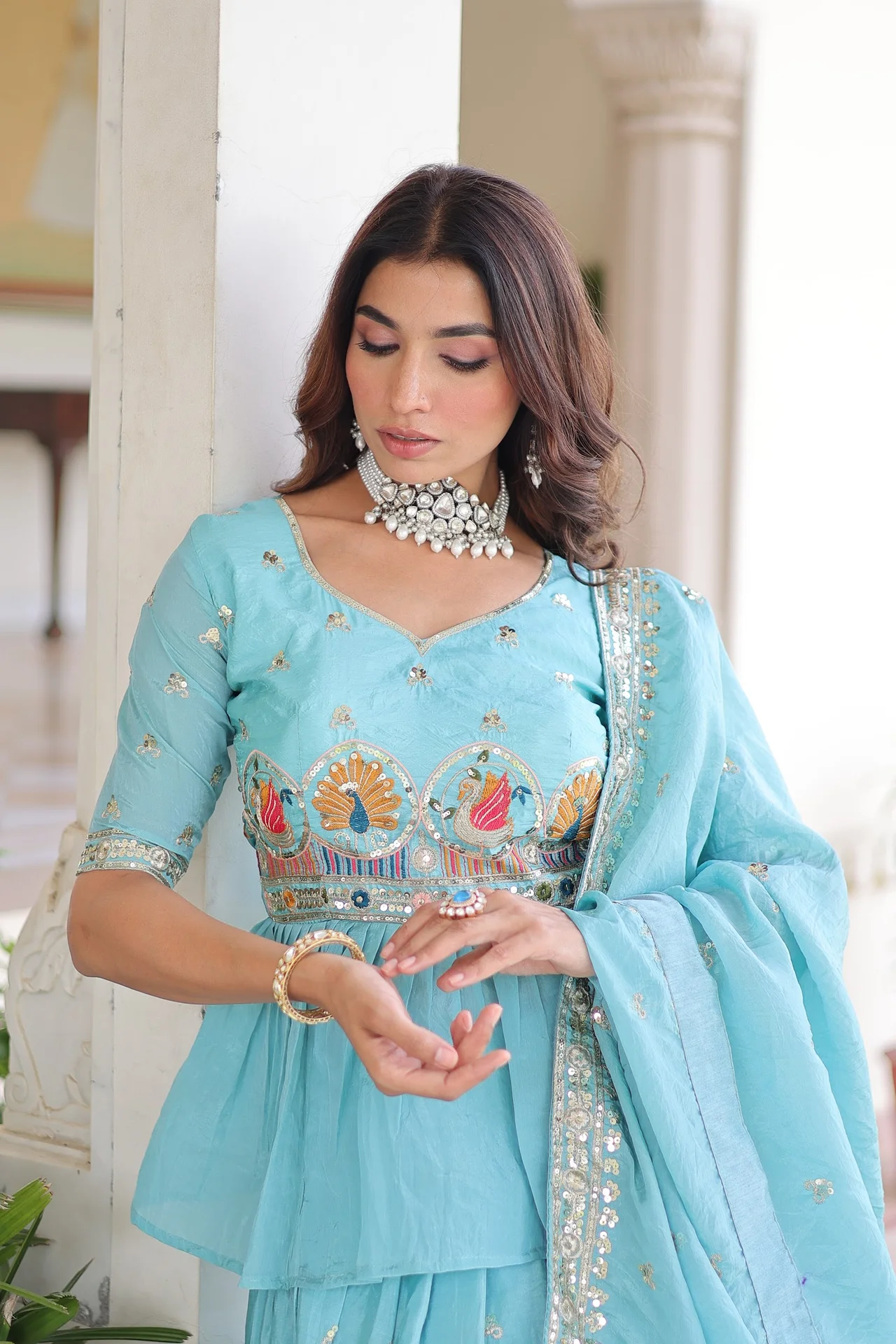 Women's Crush Fabric Lehenga Choli Set with Peplum Blouse & Dupatta in Sky Blue — photo 3 of 8