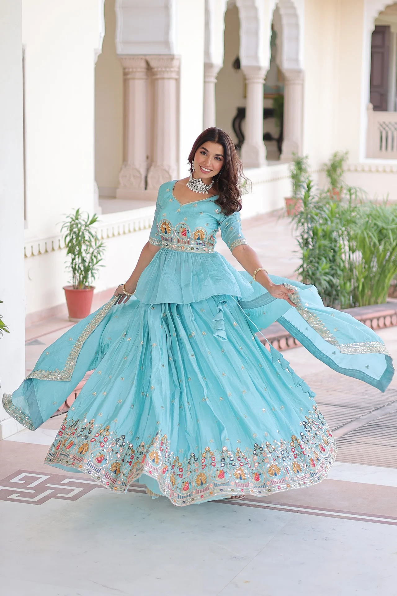 Women's Crush Fabric Lehenga Choli Set with Peplum Blouse & Dupatta in Sky Blue — photo 4 of 8