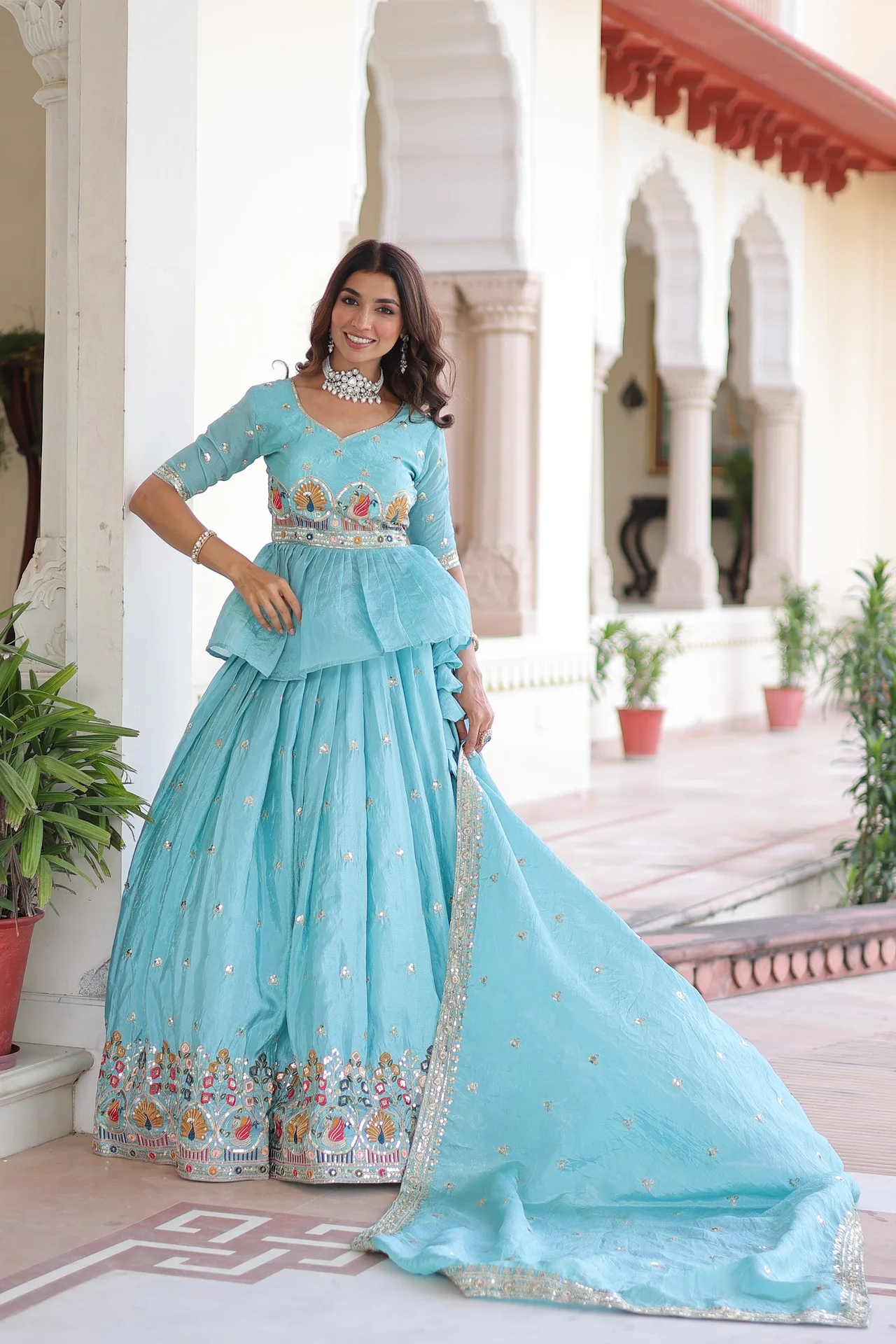 Women's Crush Fabric Lehenga Choli Set with Peplum Blouse & Dupatta in Sky Blue — photo 5 of 8