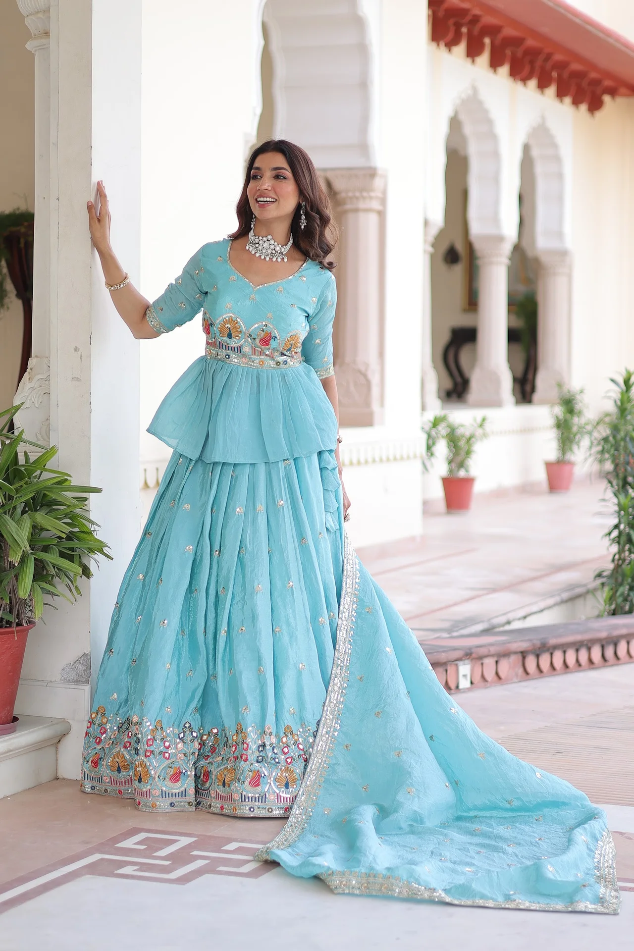 Women's Crush Fabric Lehenga Choli Set with Peplum Blouse & Dupatta in Sky Blue — photo 6 of 8