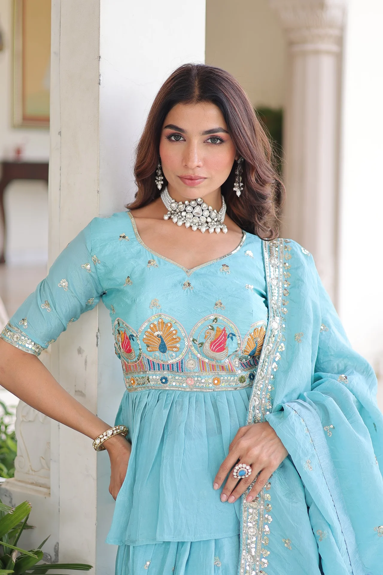 Women's Crush Fabric Lehenga Choli Set with Peplum Blouse & Dupatta in Sky Blue — photo 7 of 8