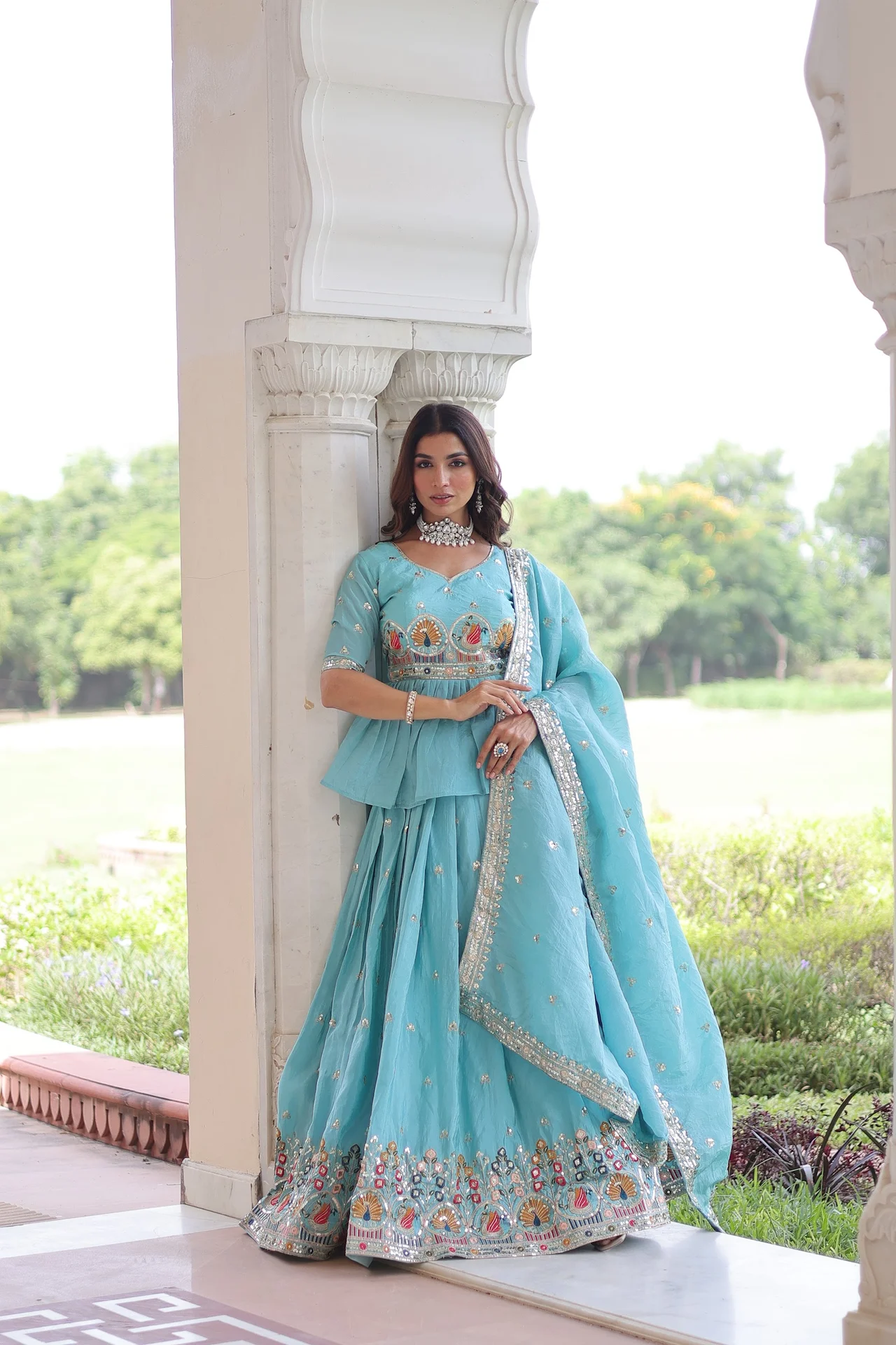 Women's Crush Fabric Lehenga Choli Set with Peplum Blouse & Dupatta in Sky Blue — photo 8 of 8