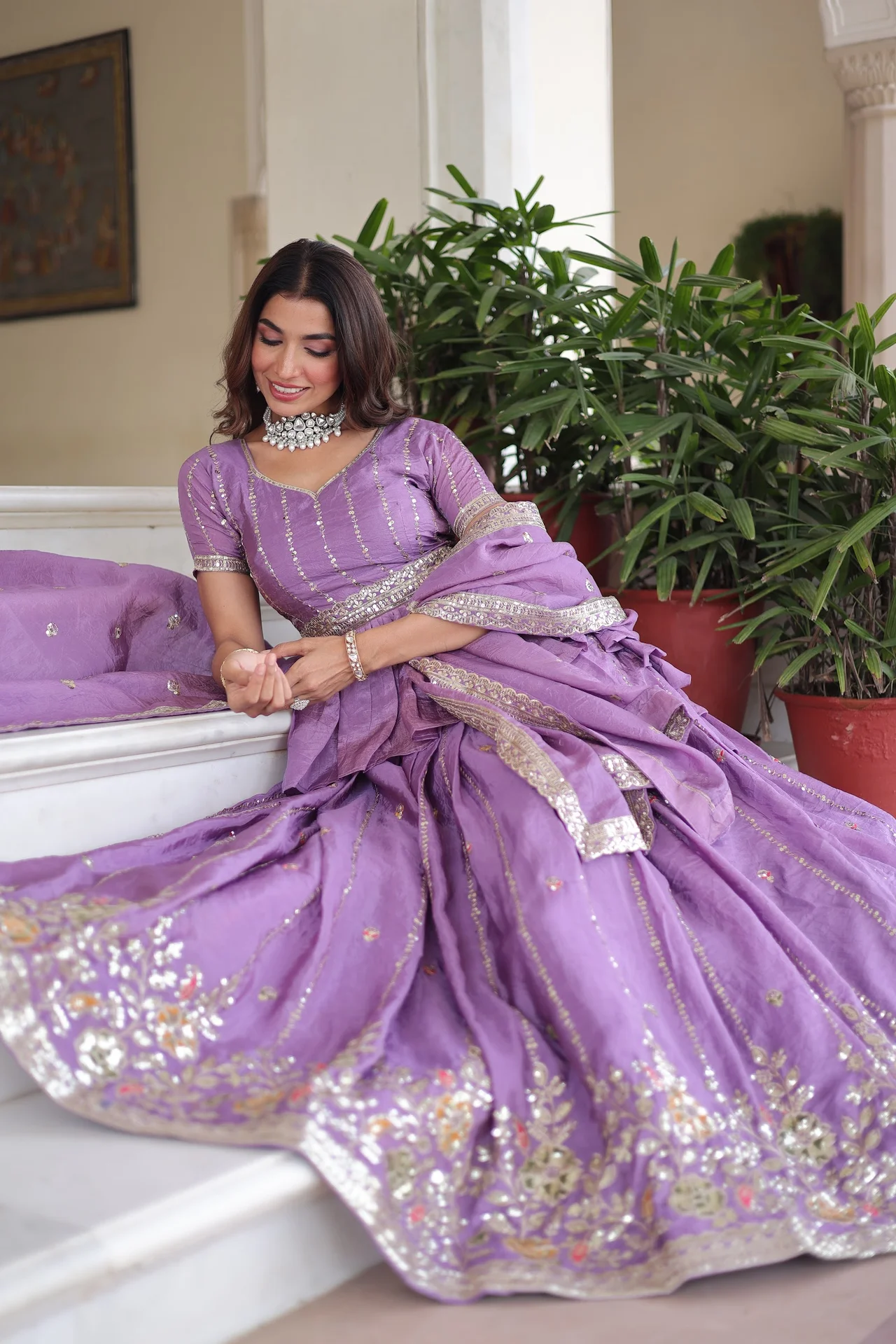 Women's Crush Fabric Lehenga Choli Set with Peplum Blouse and Dupatta in Lavender — photo 2 of 9
