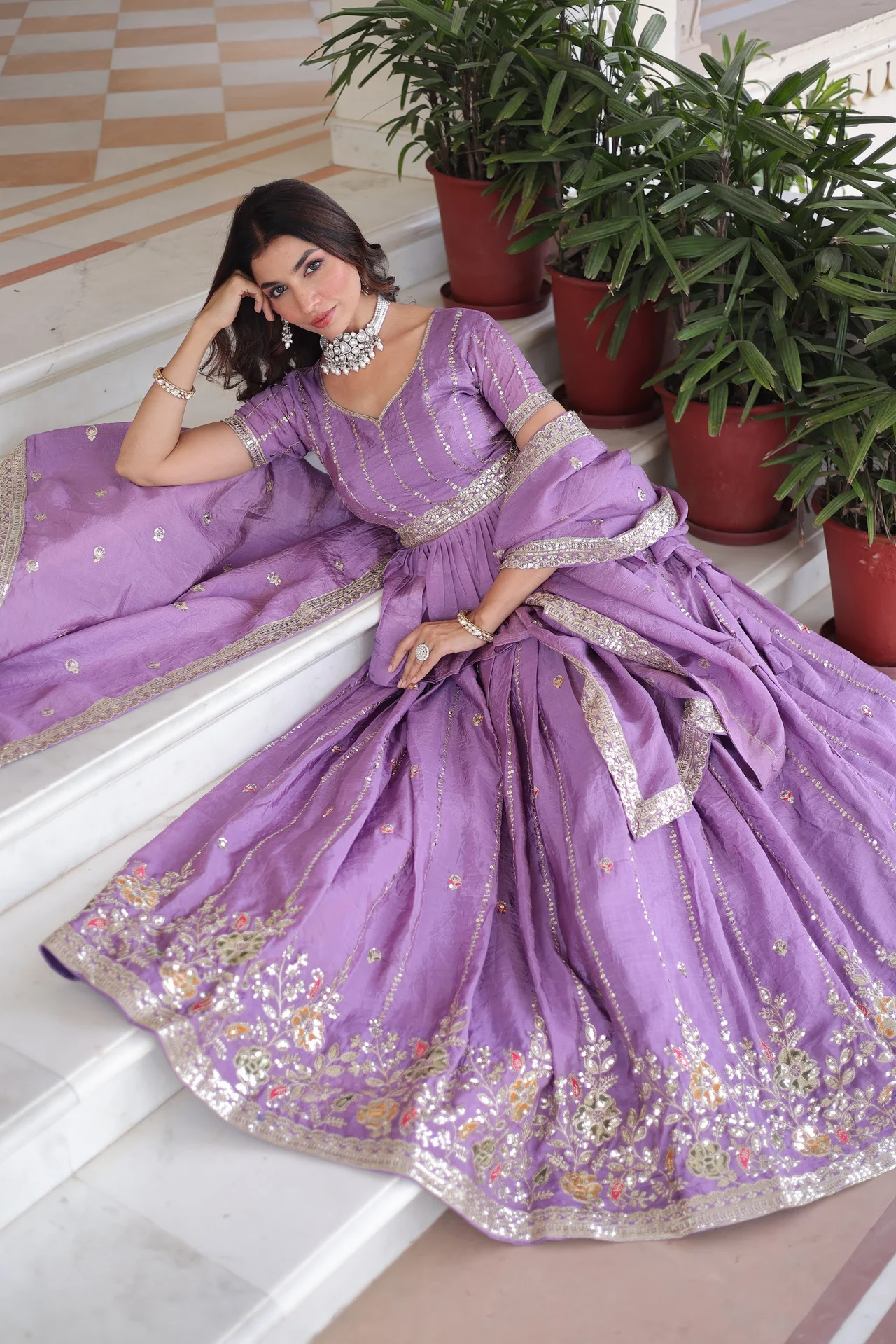 Women's Crush Fabric Lehenga Choli Set with Peplum Blouse and Dupatta in Lavender — photo 3 of 9