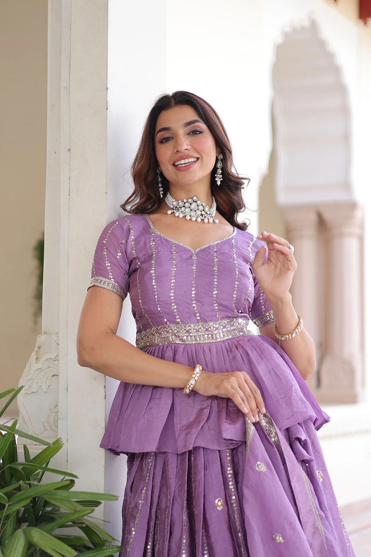 Women's Crush Fabric Lehenga Choli Set with Peplum Blouse and Dupatta in Lavender — photo 4 of 9