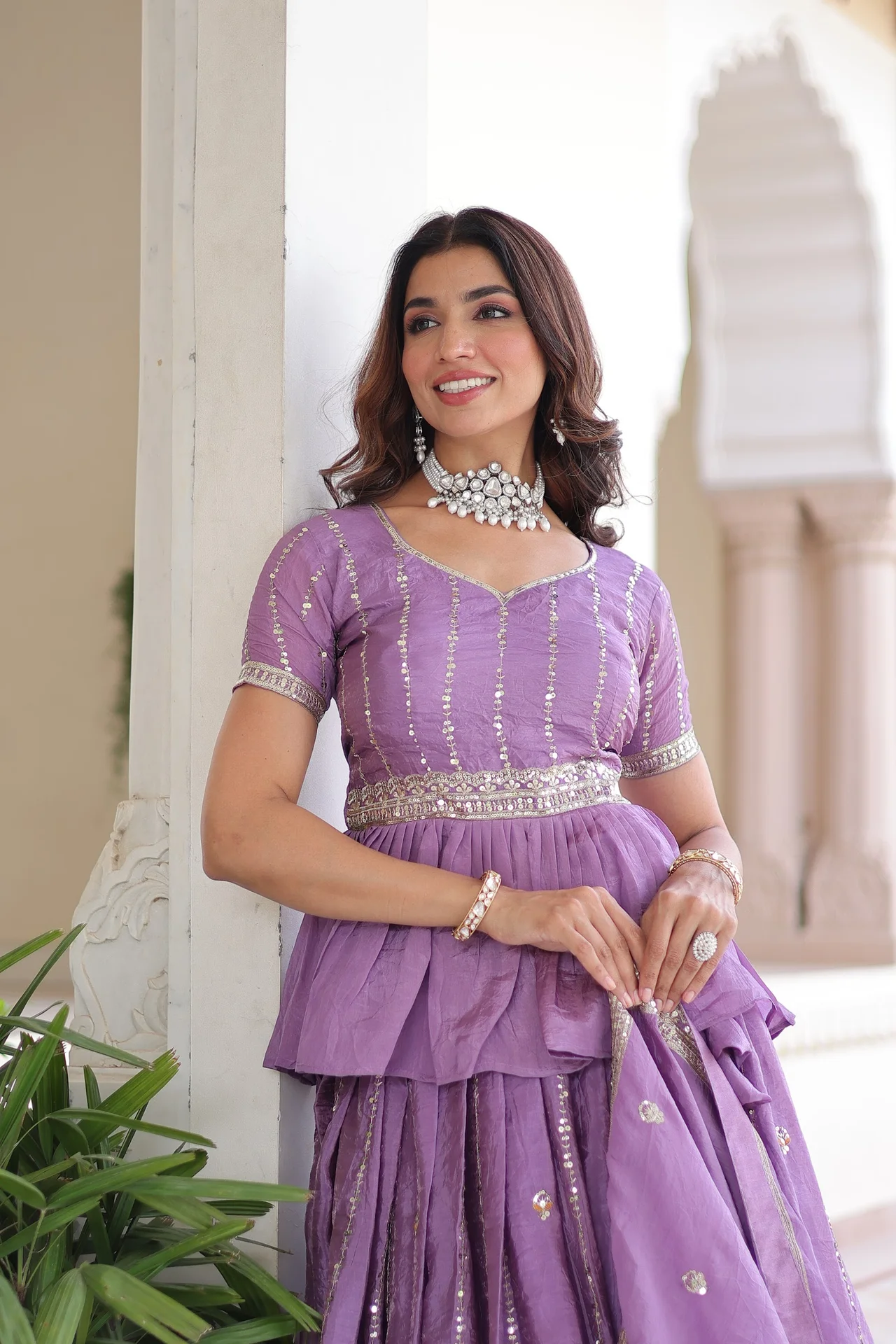 Women's Crush Fabric Lehenga Choli Set with Peplum Blouse and Dupatta in Lavender — photo 5 of 9