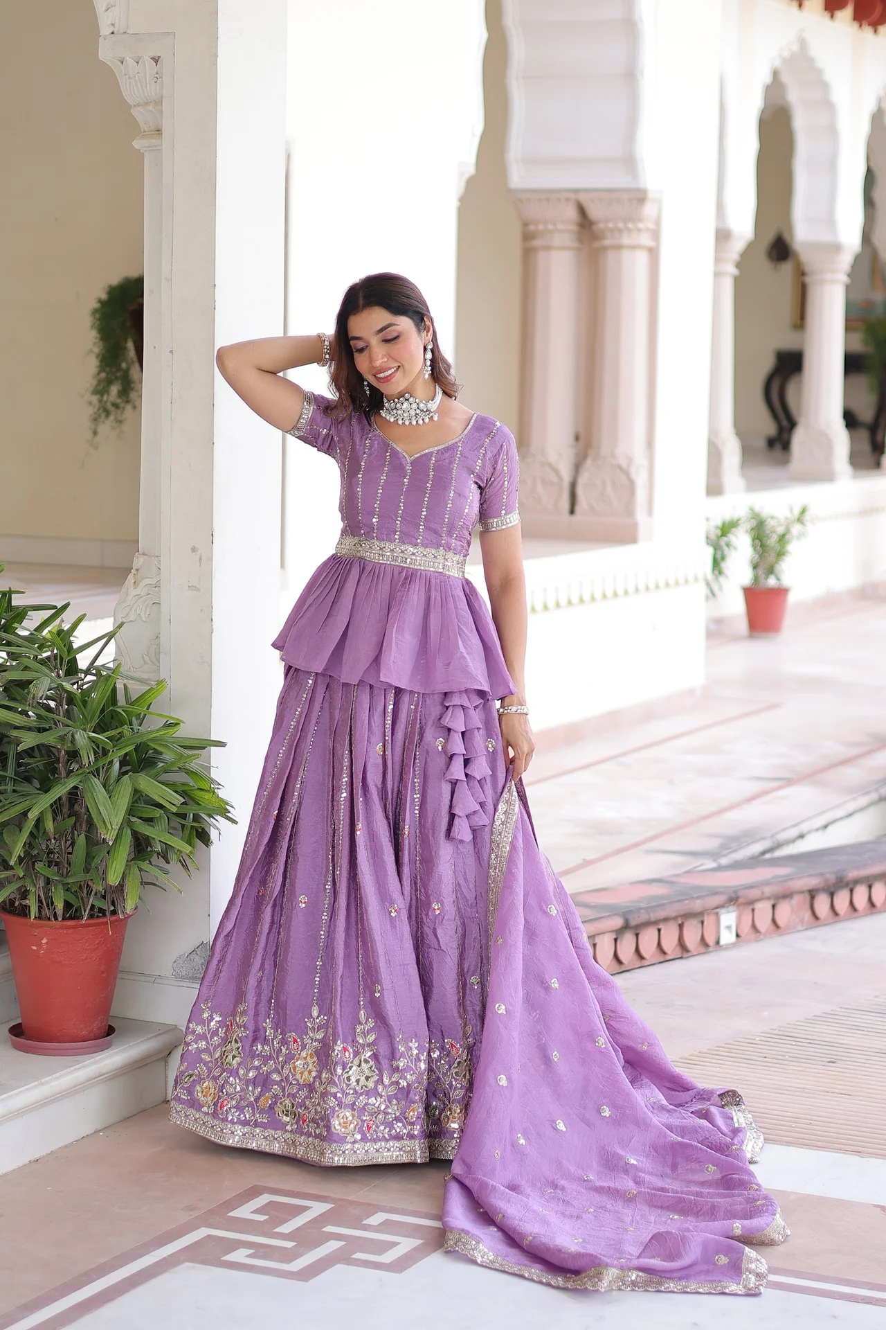 Women's Crush Fabric Lehenga Choli Set with Peplum Blouse and Dupatta in Lavender — photo 6 of 9