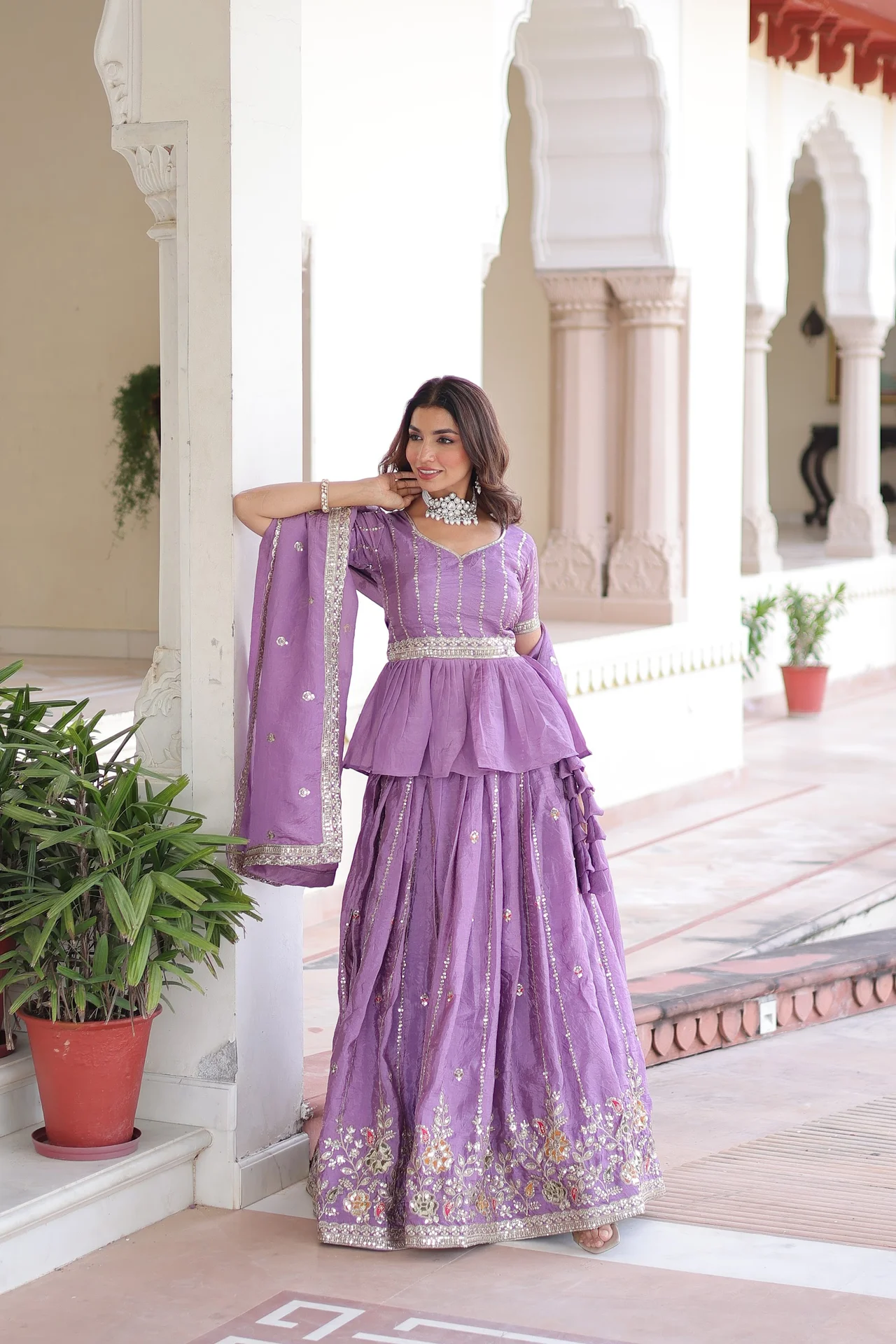 Women's Crush Fabric Lehenga Choli Set with Peplum Blouse and Dupatta in Lavender — photo 7 of 9