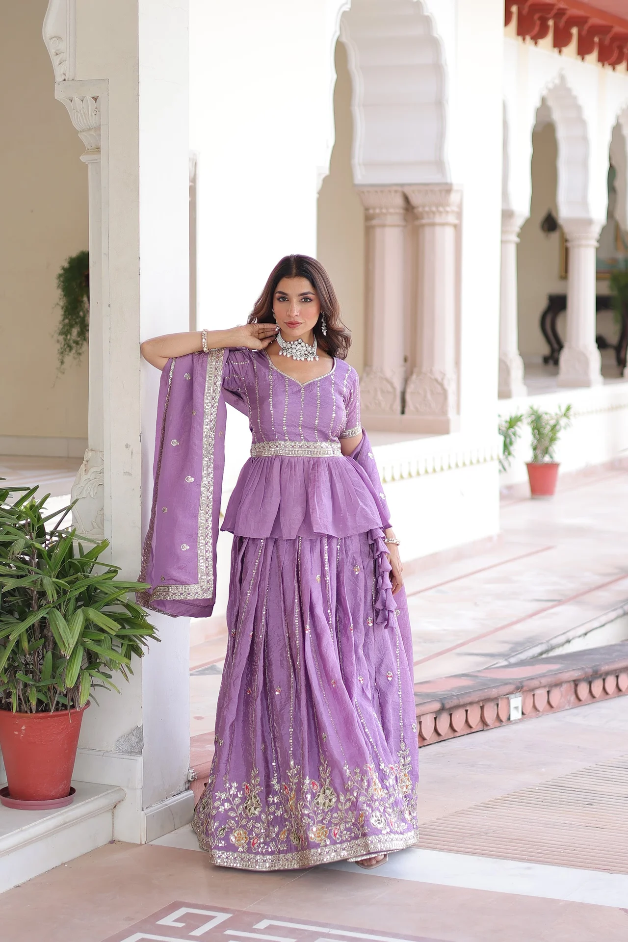 Women's Crush Fabric Lehenga Choli Set with Peplum Blouse and Dupatta in Lavender — photo 8 of 9