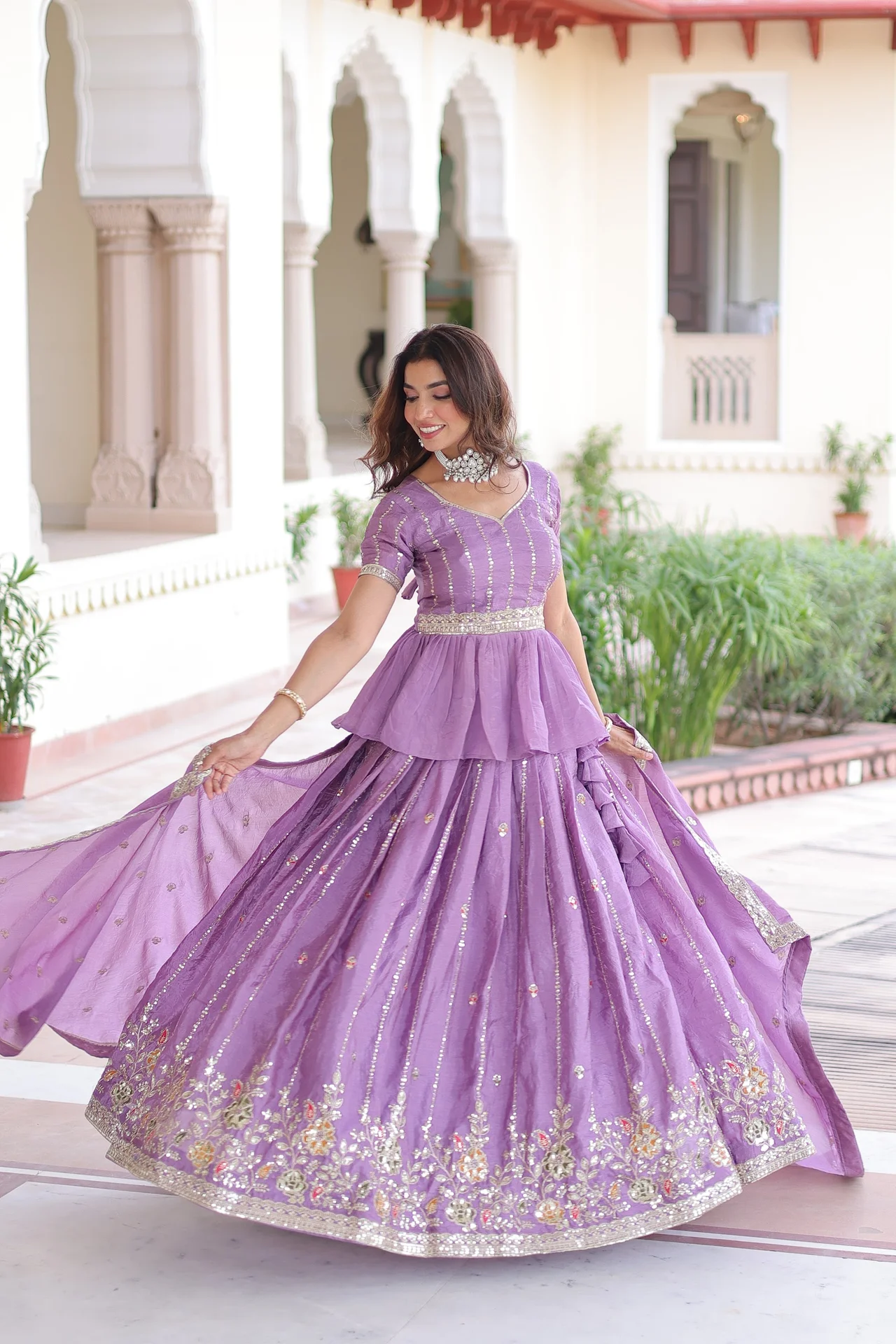 Women's Crush Fabric Lehenga Choli Set with Peplum Blouse and Dupatta in Lavender — photo 9 of 9