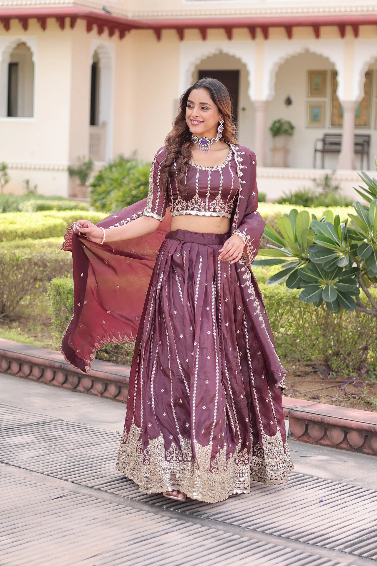 Women's Crush Fabric Lehenga Choli with Dupatta in Wine — photo 2 of 6