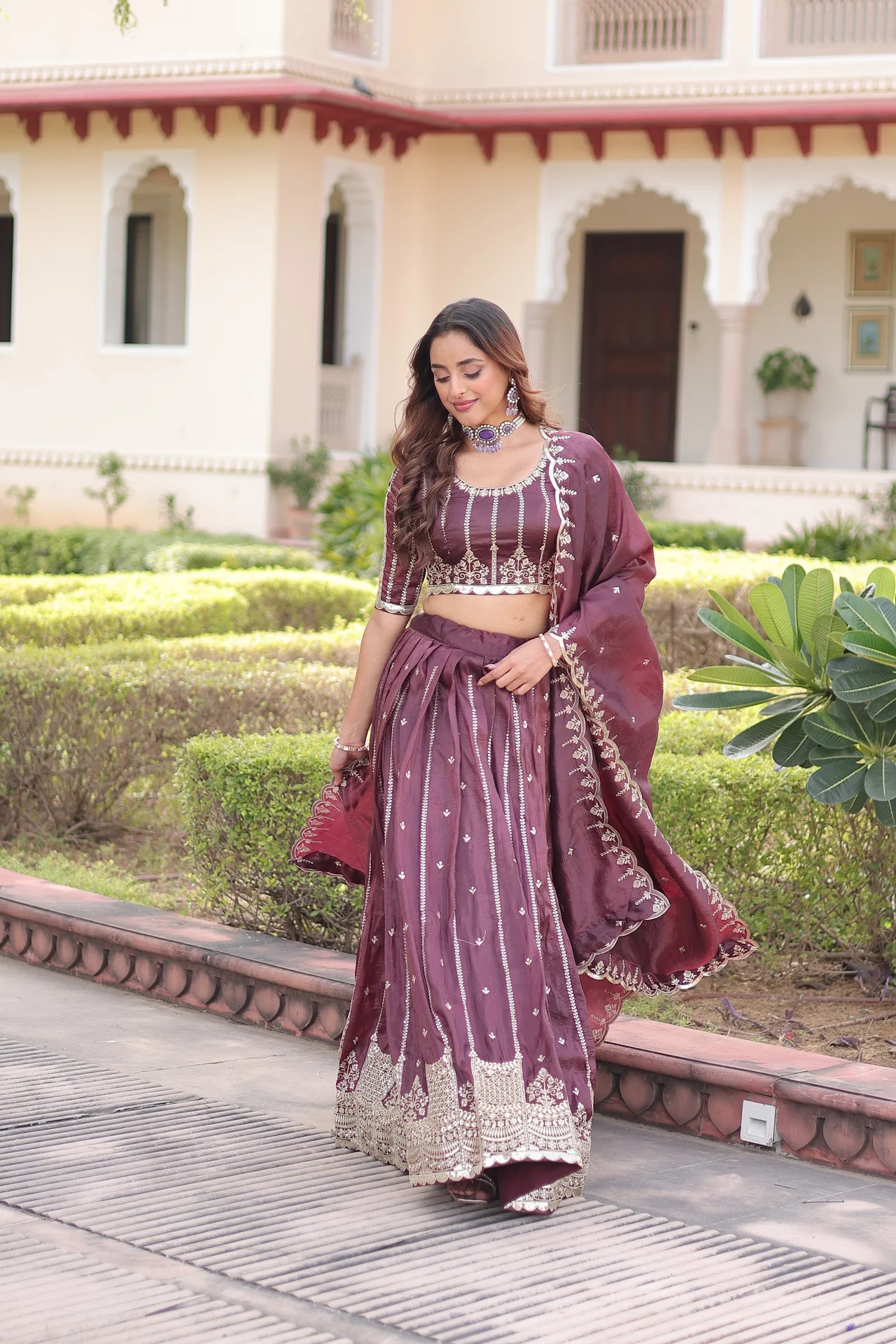 Women's Crush Fabric Lehenga Choli with Dupatta in Wine — photo 4 of 6