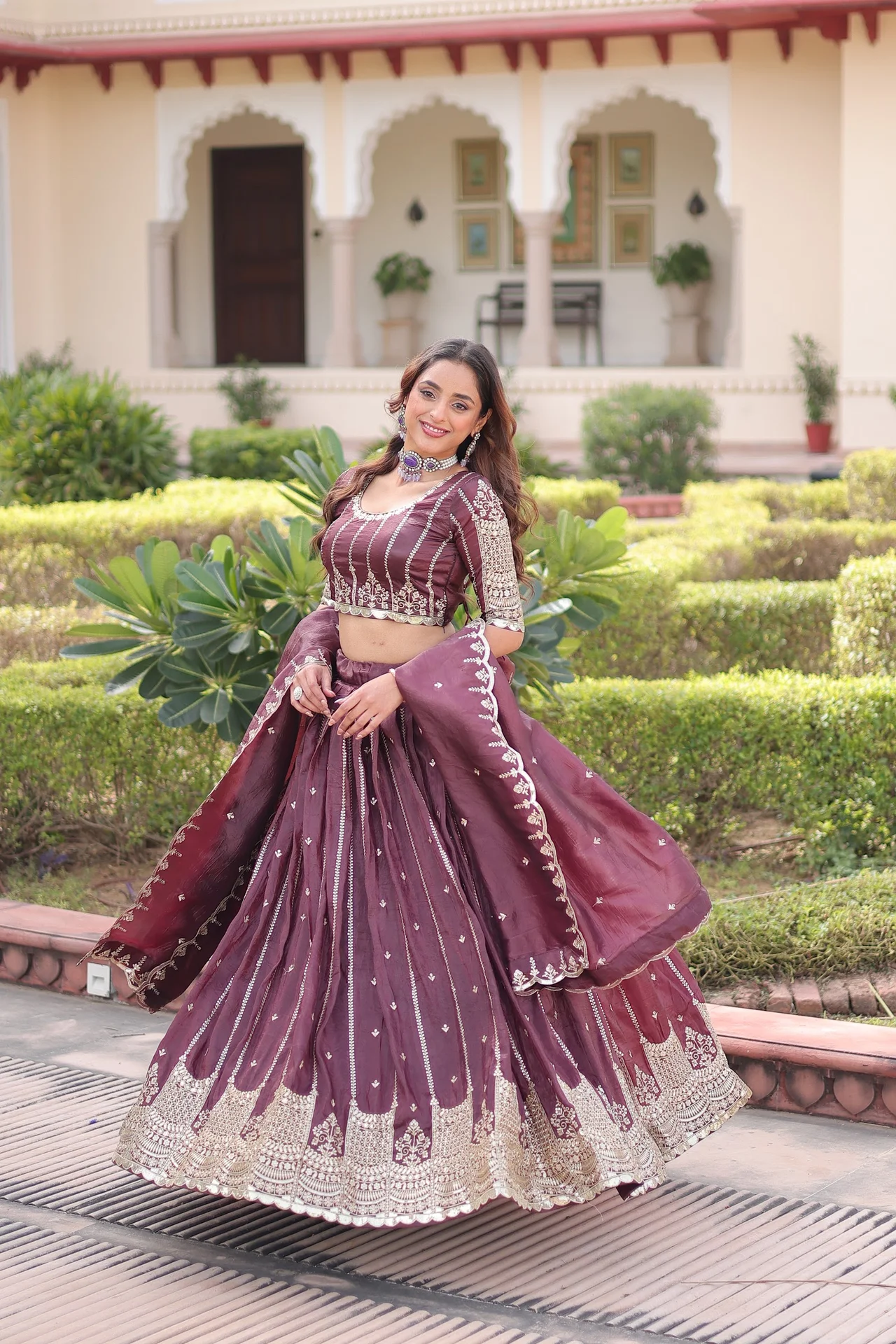 Women's Crush Fabric Lehenga Choli with Dupatta in Wine — photo 5 of 6