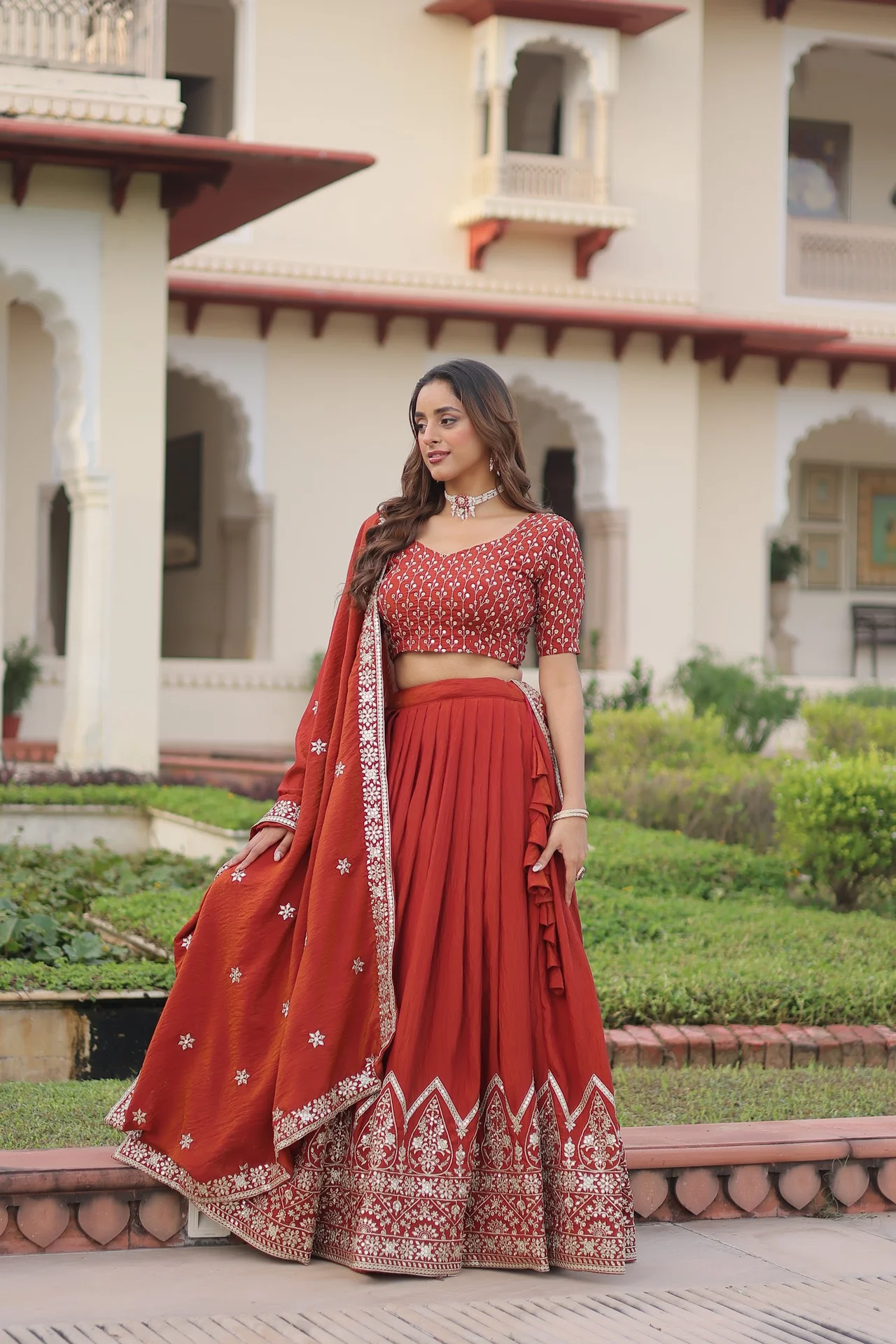 Women's Vichitra Silk Lehenga Choli with Unstitched Blouse and Dupatta in Rust — photo 2 of 7