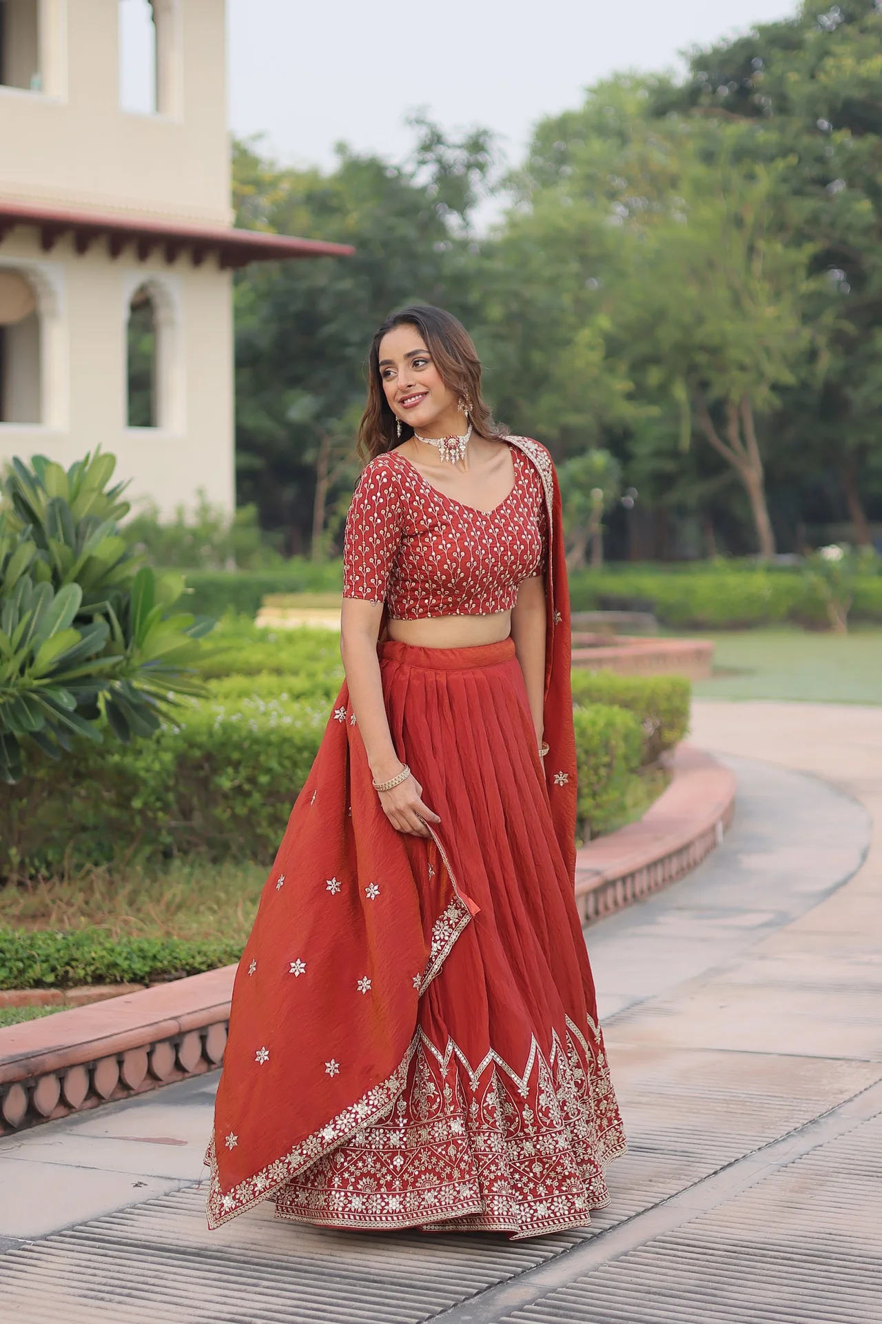 Women's Vichitra Silk Lehenga Choli with Unstitched Blouse and Dupatta in Rust — photo 3 of 7