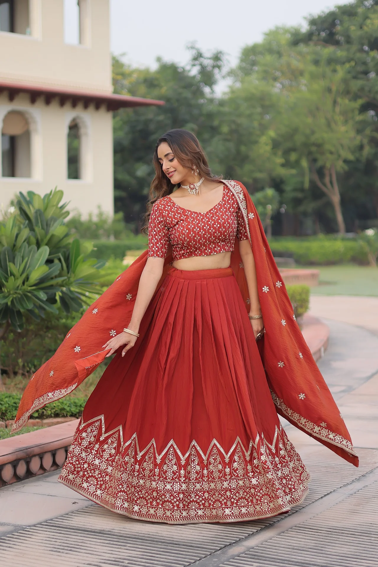 Women's Vichitra Silk Lehenga Choli with Unstitched Blouse and Dupatta in Rust — photo 4 of 7