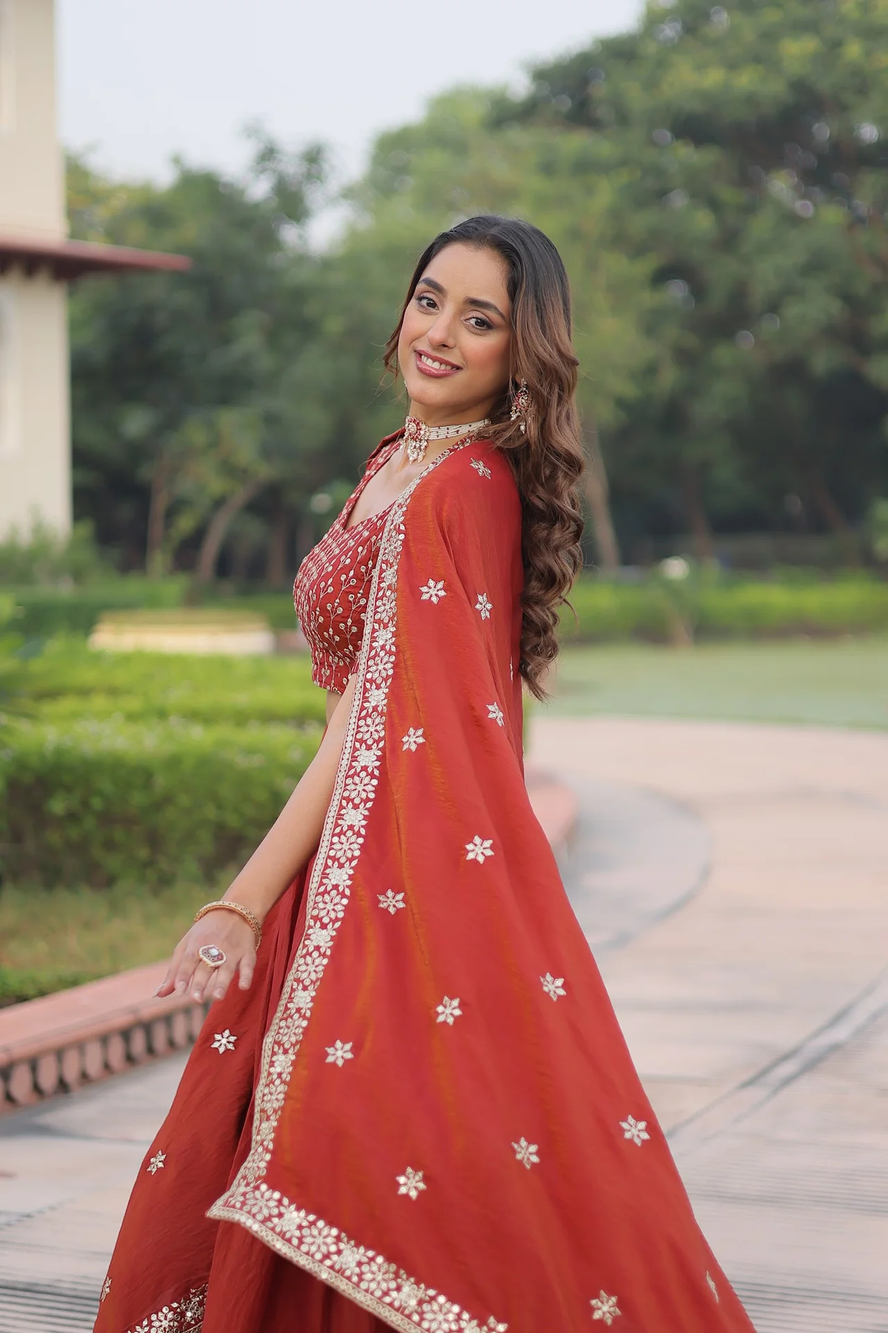 Women's Vichitra Silk Lehenga Choli with Unstitched Blouse and Dupatta in Rust — photo 5 of 7