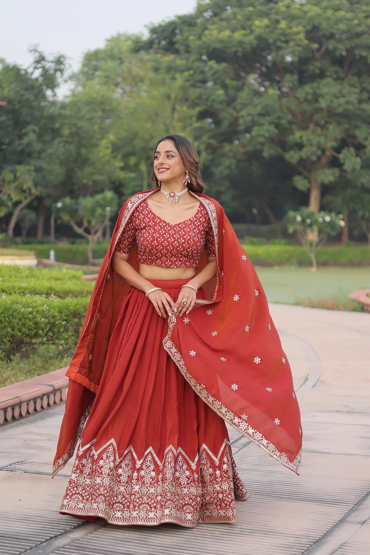 Women's Vichitra Silk Lehenga Choli with Unstitched Blouse and Dupatta in Rust — photo 6 of 7