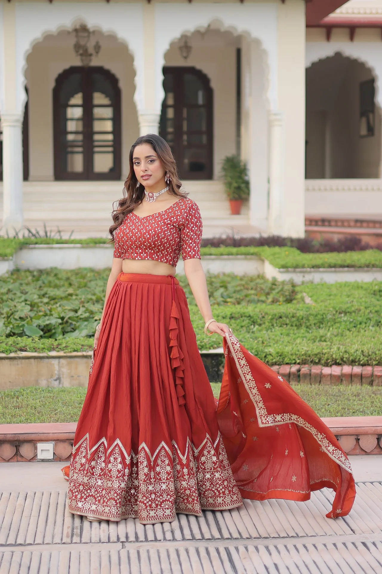 Women's Vichitra Silk Lehenga Choli with Unstitched Blouse and Dupatta in Rust — photo 7 of 7