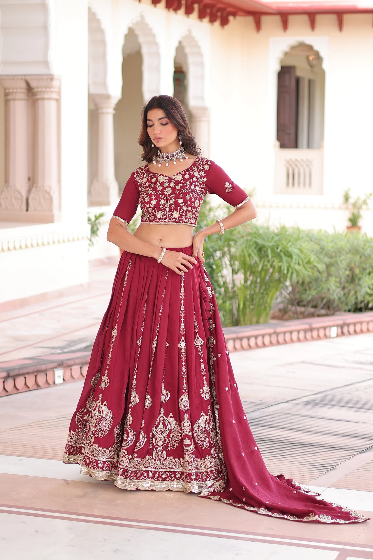 Women's Vichitra Silk Lehenga Choli with Unstitched Blouse in Wine — photo 3 of 8