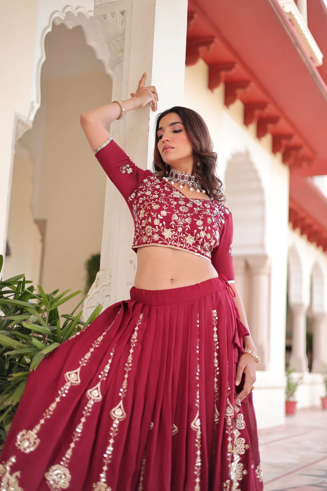 Women's Vichitra Silk Lehenga Choli with Unstitched Blouse in Wine — photo 4 of 8