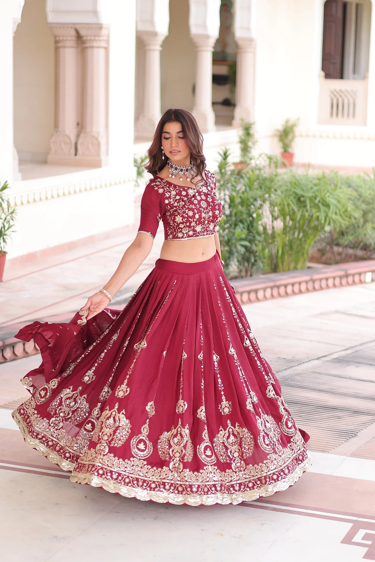 Women's Vichitra Silk Lehenga Choli with Unstitched Blouse in Wine — photo 5 of 8
