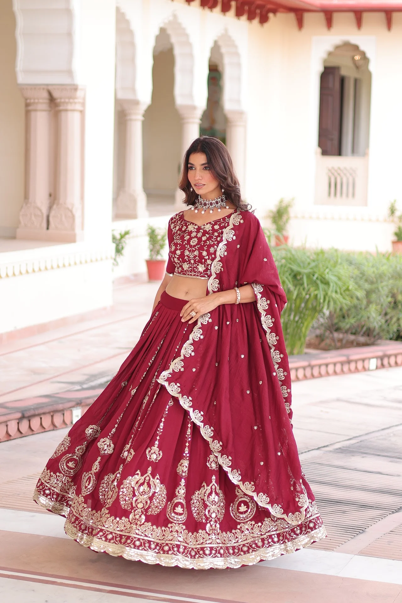 Women's Vichitra Silk Lehenga Choli with Unstitched Blouse in Wine — photo 6 of 8