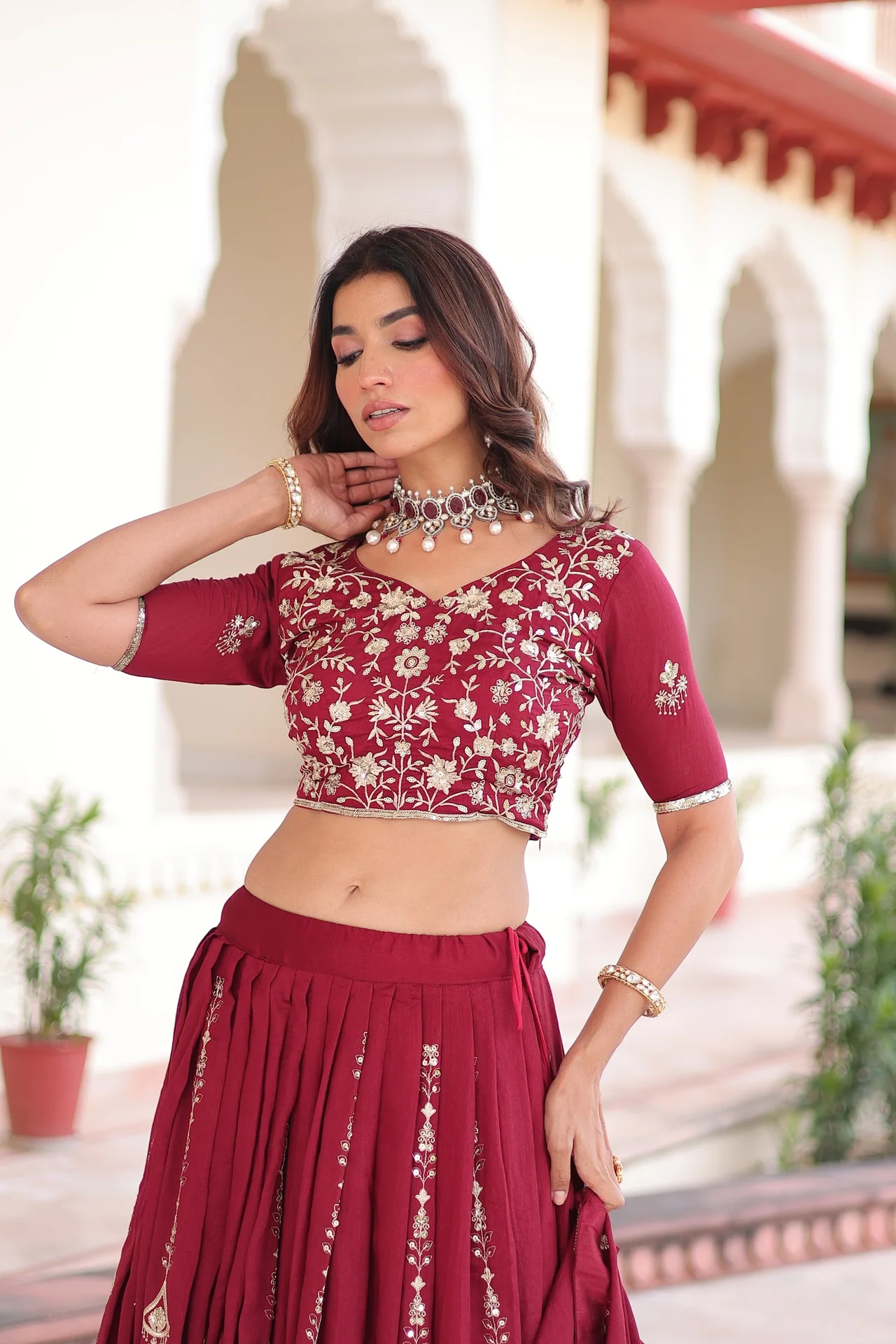 Women's Vichitra Silk Lehenga Choli with Unstitched Blouse in Wine — photo 7 of 8