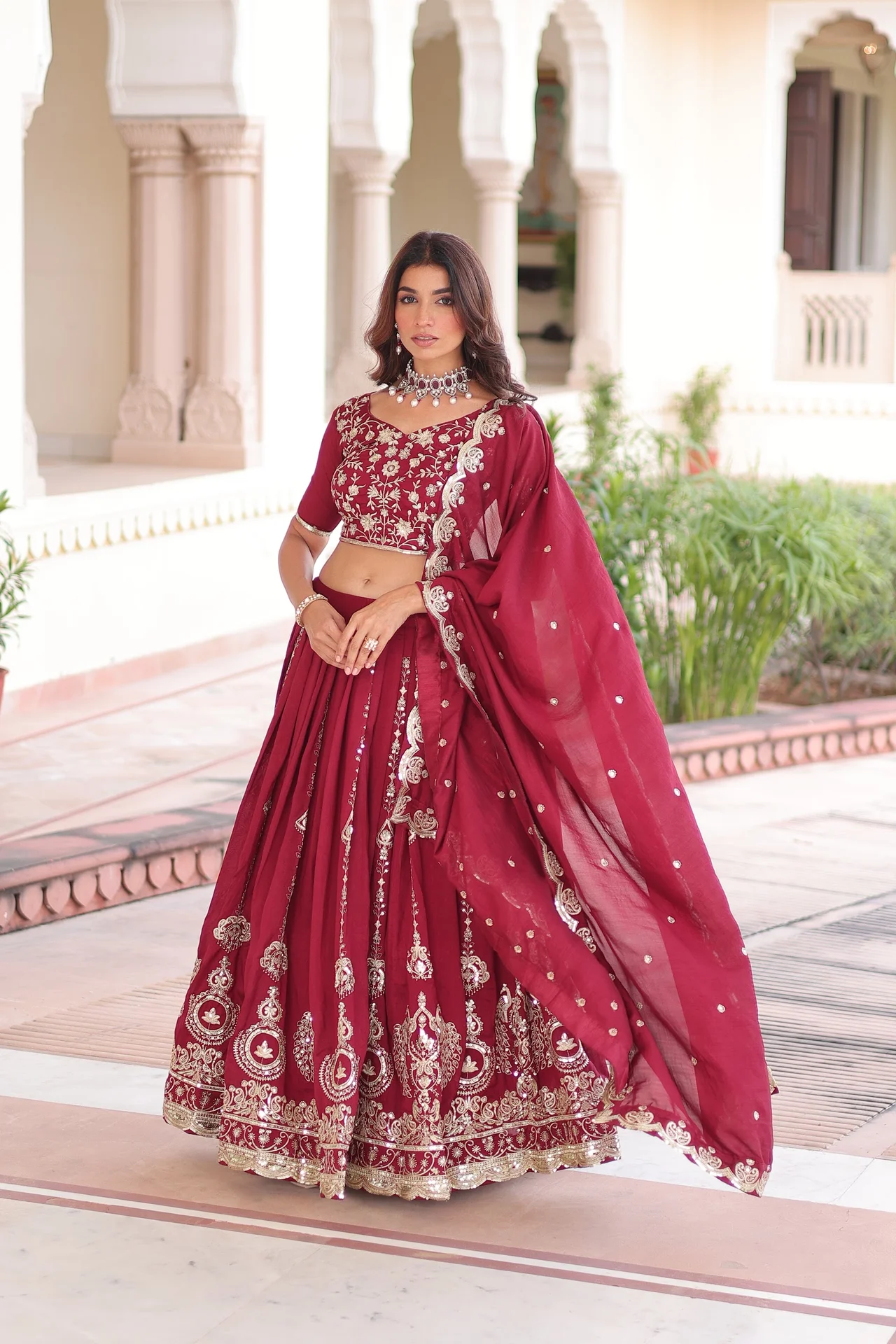 Women's Vichitra Silk Lehenga Choli with Unstitched Blouse in Wine — photo 8 of 8