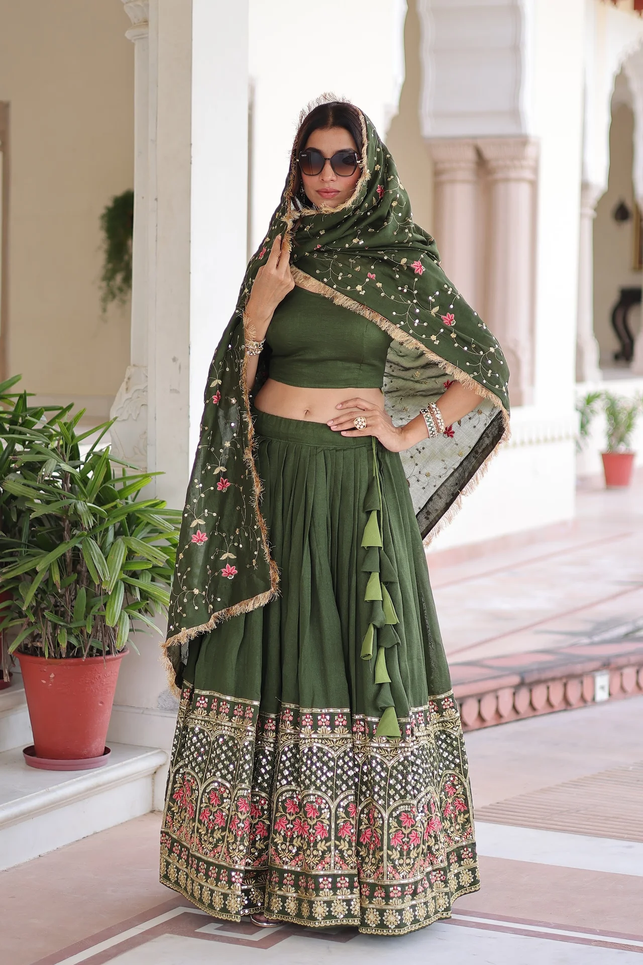 Women's Vichitra Silk Lehenga Choli with Unstitched Blouse Piece in Olive Green — photo 2 of 8