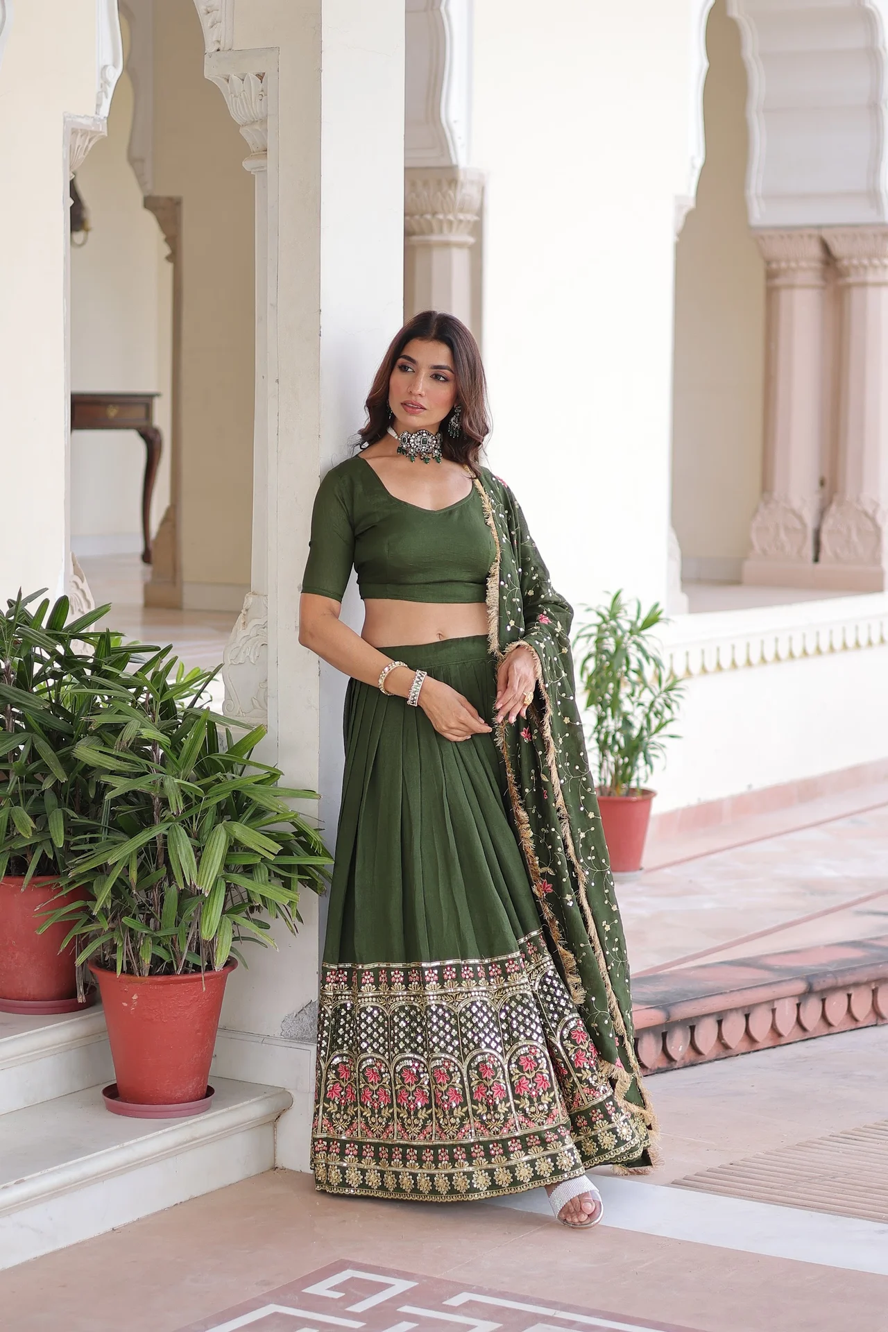 Women's Vichitra Silk Lehenga Choli with Unstitched Blouse Piece in Olive Green — photo 3 of 8