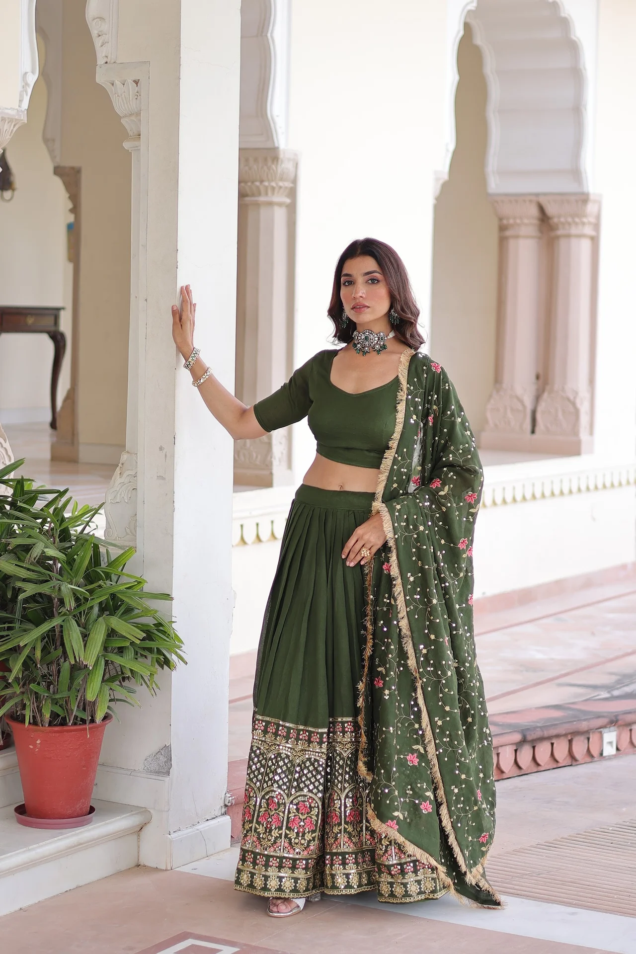 Women's Vichitra Silk Lehenga Choli with Unstitched Blouse Piece in Olive Green — photo 4 of 8