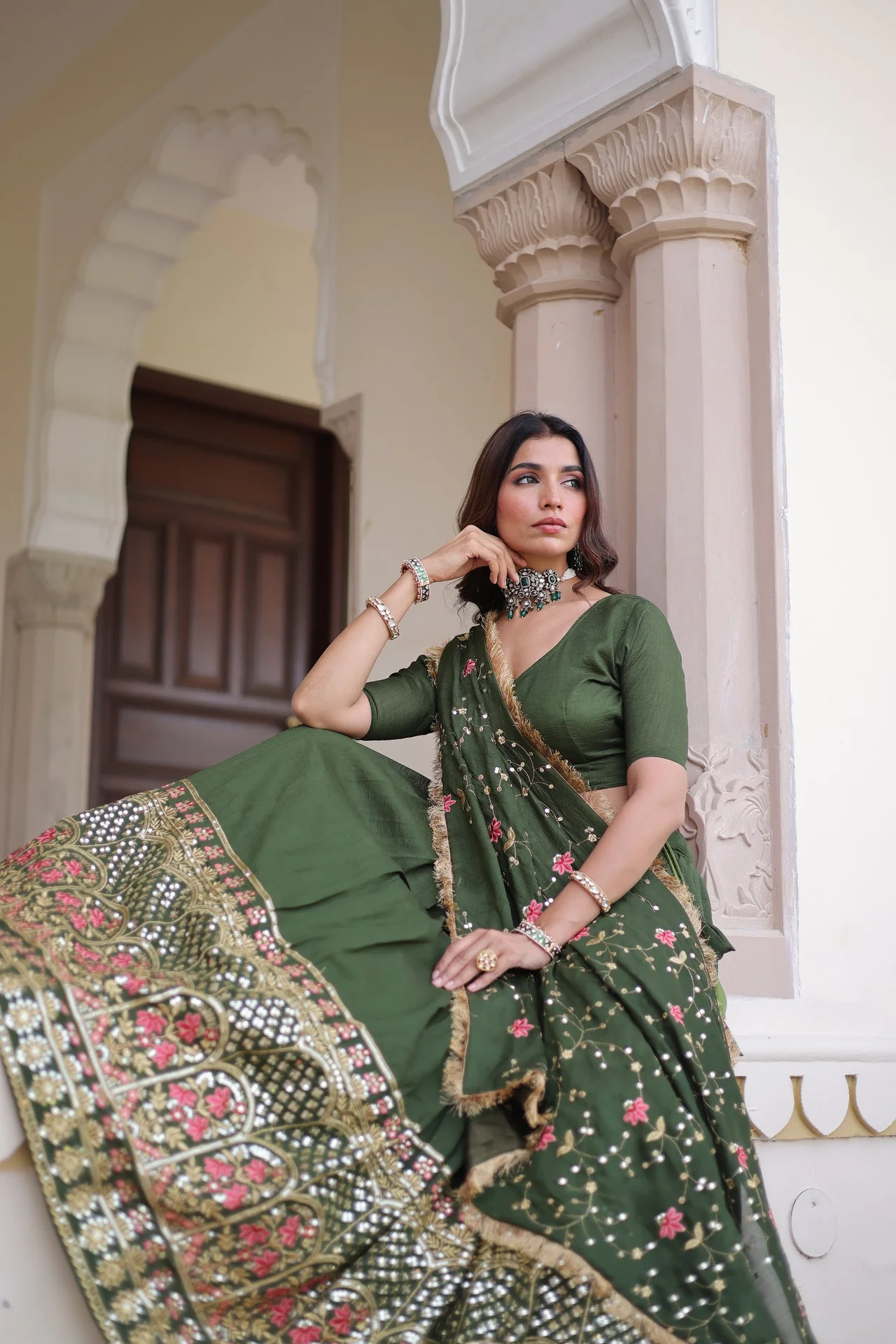 Women's Vichitra Silk Lehenga Choli with Unstitched Blouse Piece in Olive Green — photo 5 of 8