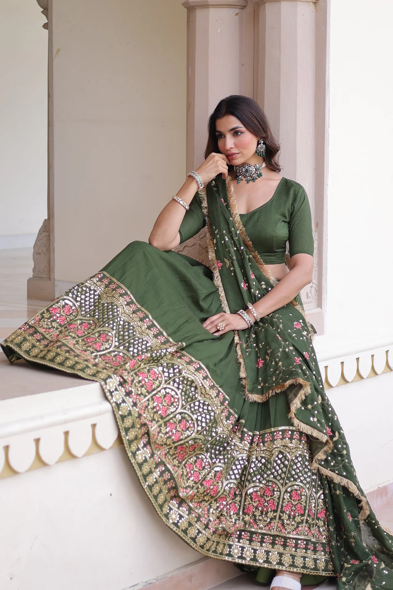 Women's Vichitra Silk Lehenga Choli with Unstitched Blouse Piece in Olive Green — photo 6 of 8
