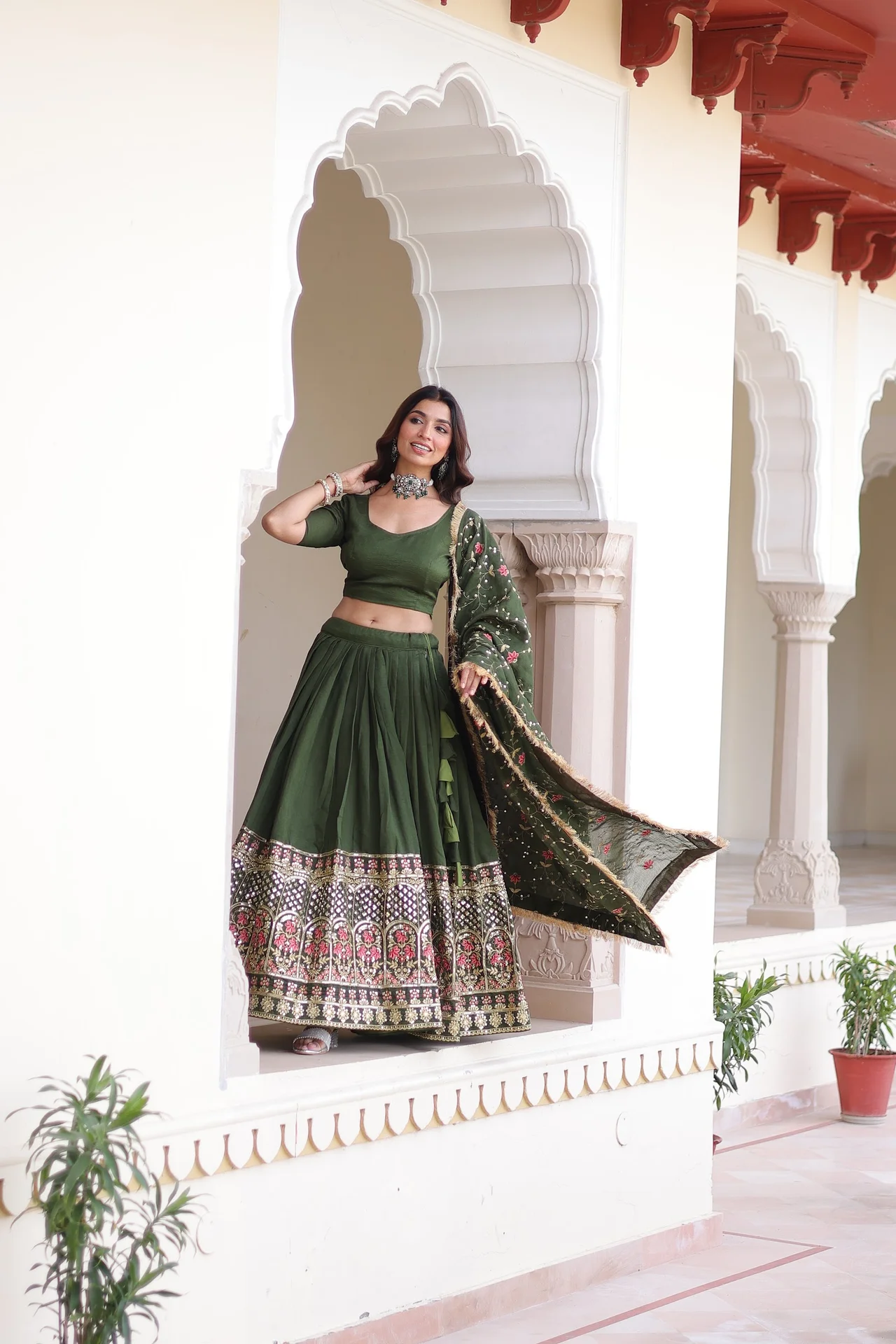 Women's Vichitra Silk Lehenga Choli with Unstitched Blouse Piece in Olive Green — photo 7 of 8
