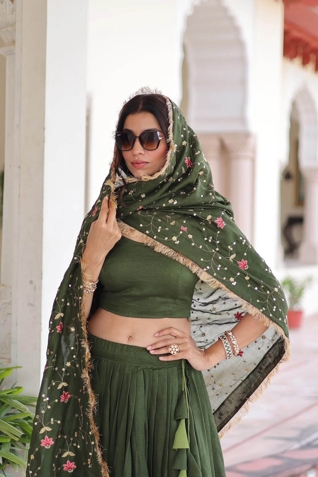 Women's Vichitra Silk Lehenga Choli with Unstitched Blouse Piece in Olive Green — photo 8 of 8