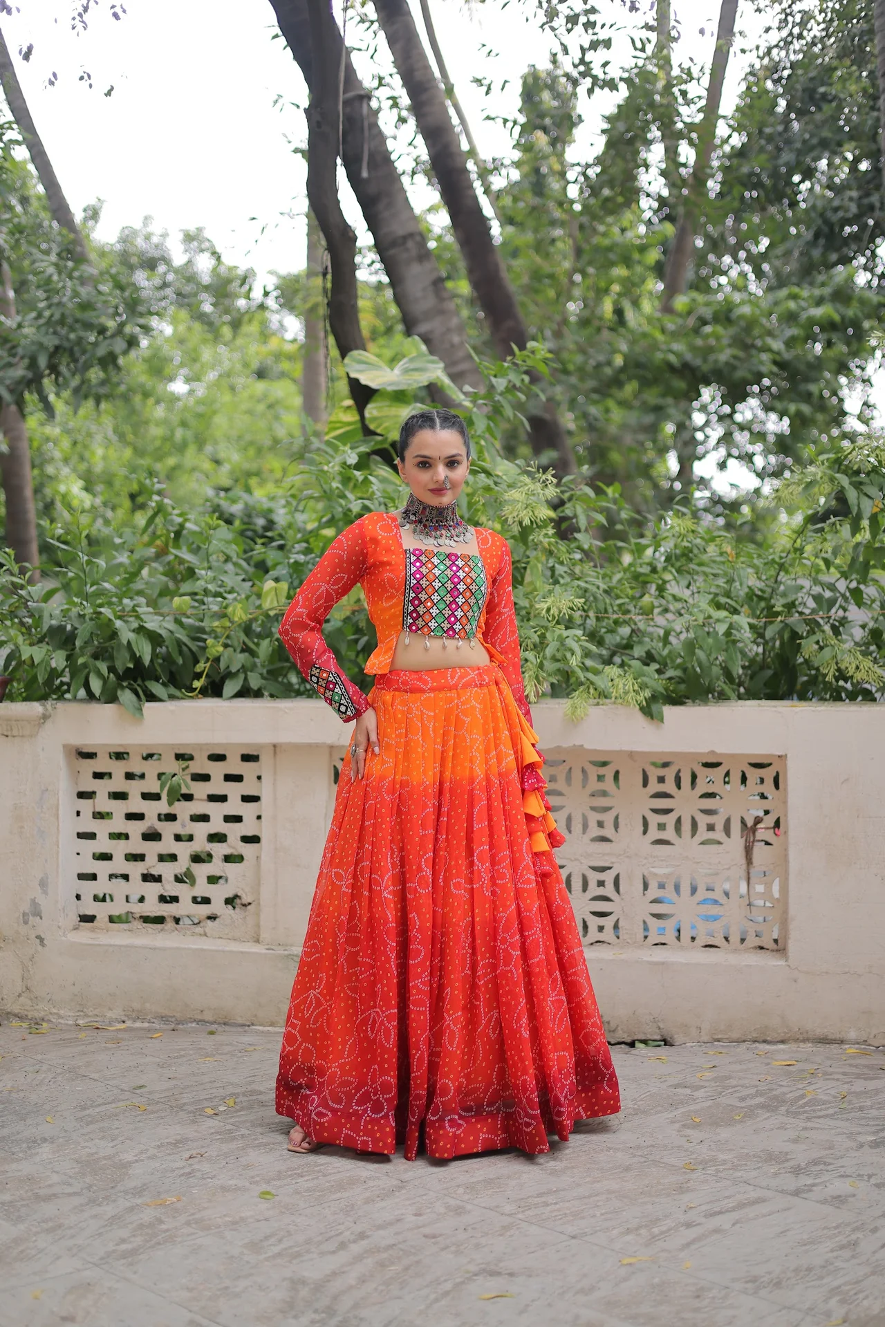 Women's Cotton Lehenga Choli Set with Stitched Blouse in Orange — photo 2 of 8