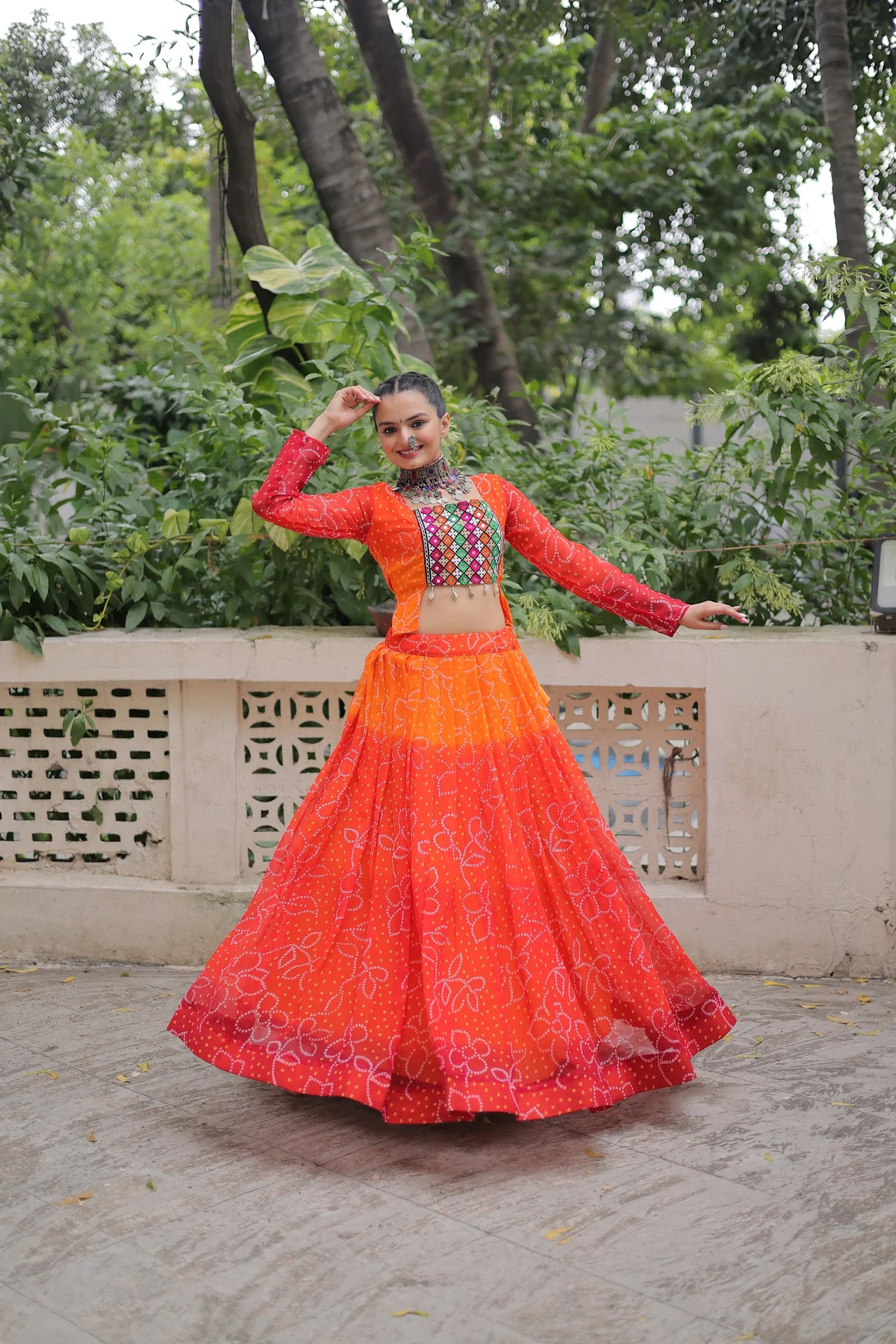 Women's Cotton Lehenga Choli Set with Stitched Blouse in Orange — photo 3 of 8