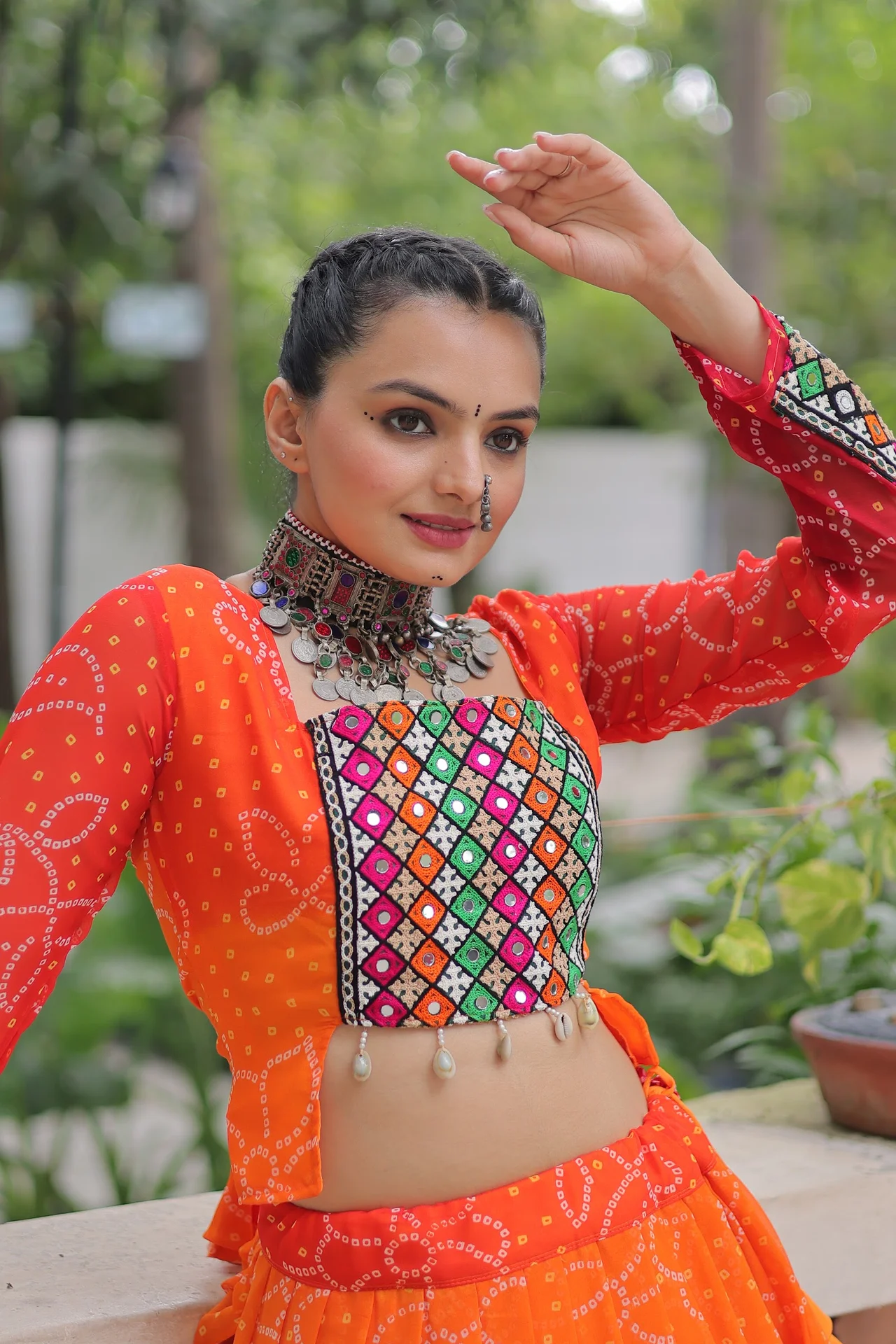 Women's Cotton Lehenga Choli Set with Stitched Blouse in Orange — photo 4 of 8