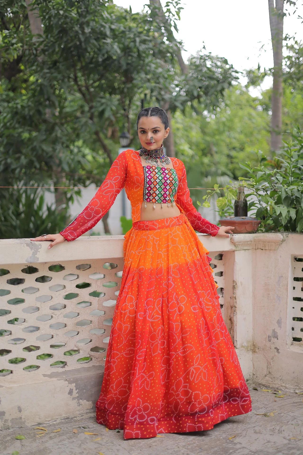 Women's Cotton Lehenga Choli Set with Stitched Blouse in Orange — photo 6 of 8