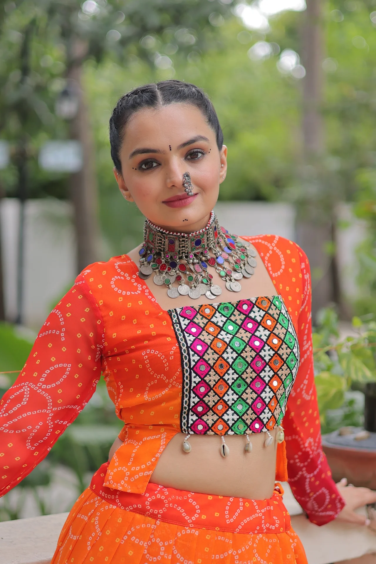 Women's Cotton Lehenga Choli Set with Stitched Blouse in Orange — photo 7 of 8