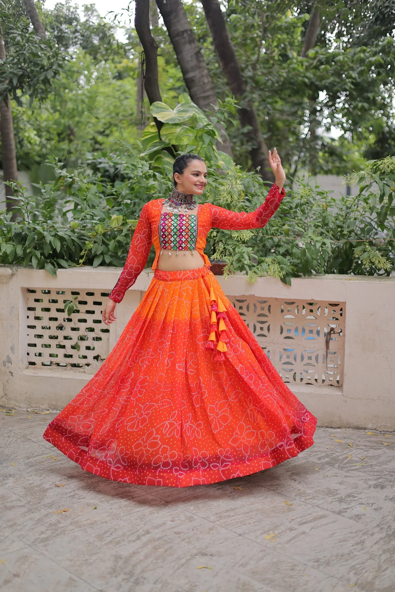 Women's Cotton Lehenga Choli Set with Stitched Blouse in Orange — photo 8 of 8