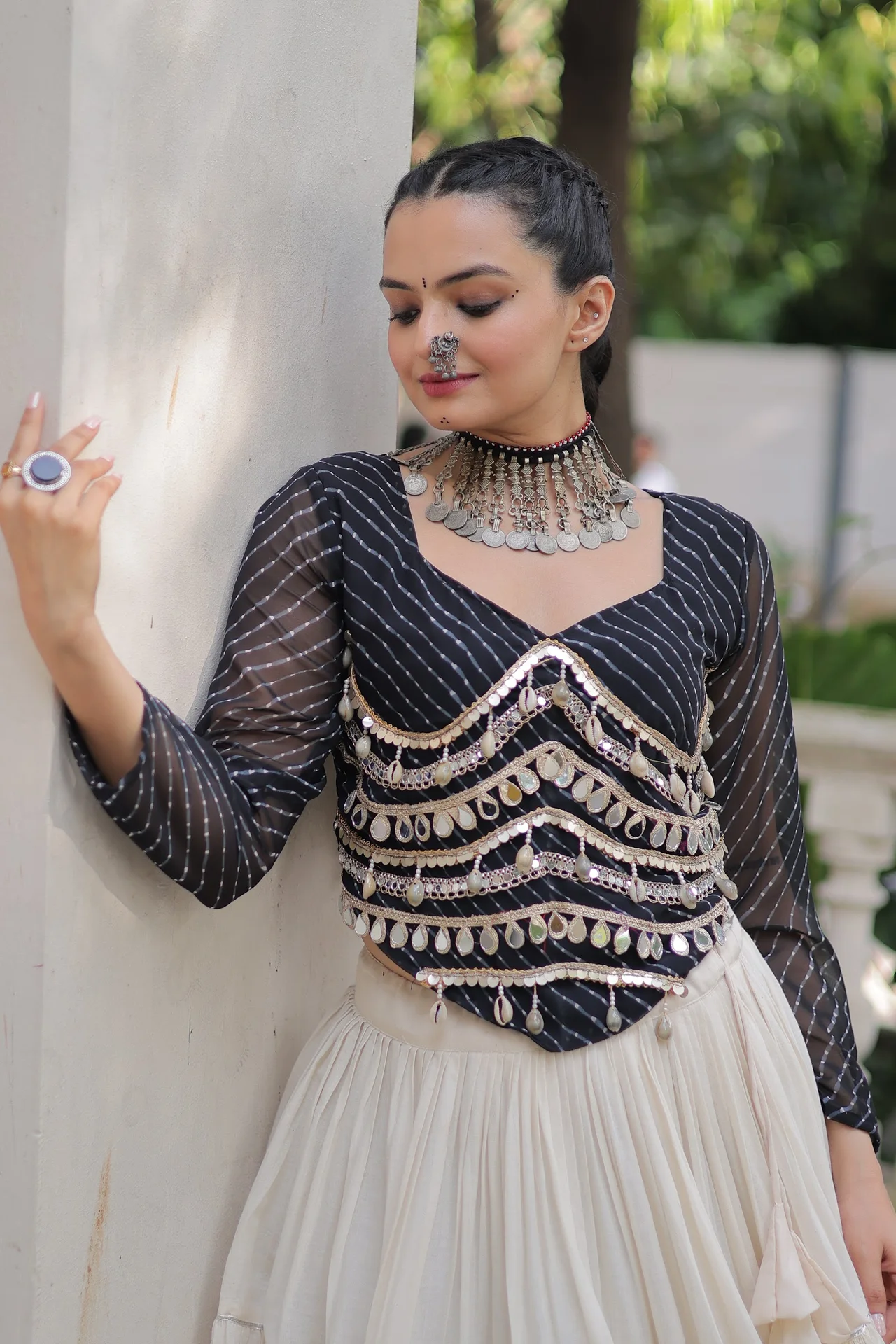 Women's Kora Cotton Lehenga Choli with Stitched Blouse in Black — photo 3 of 6