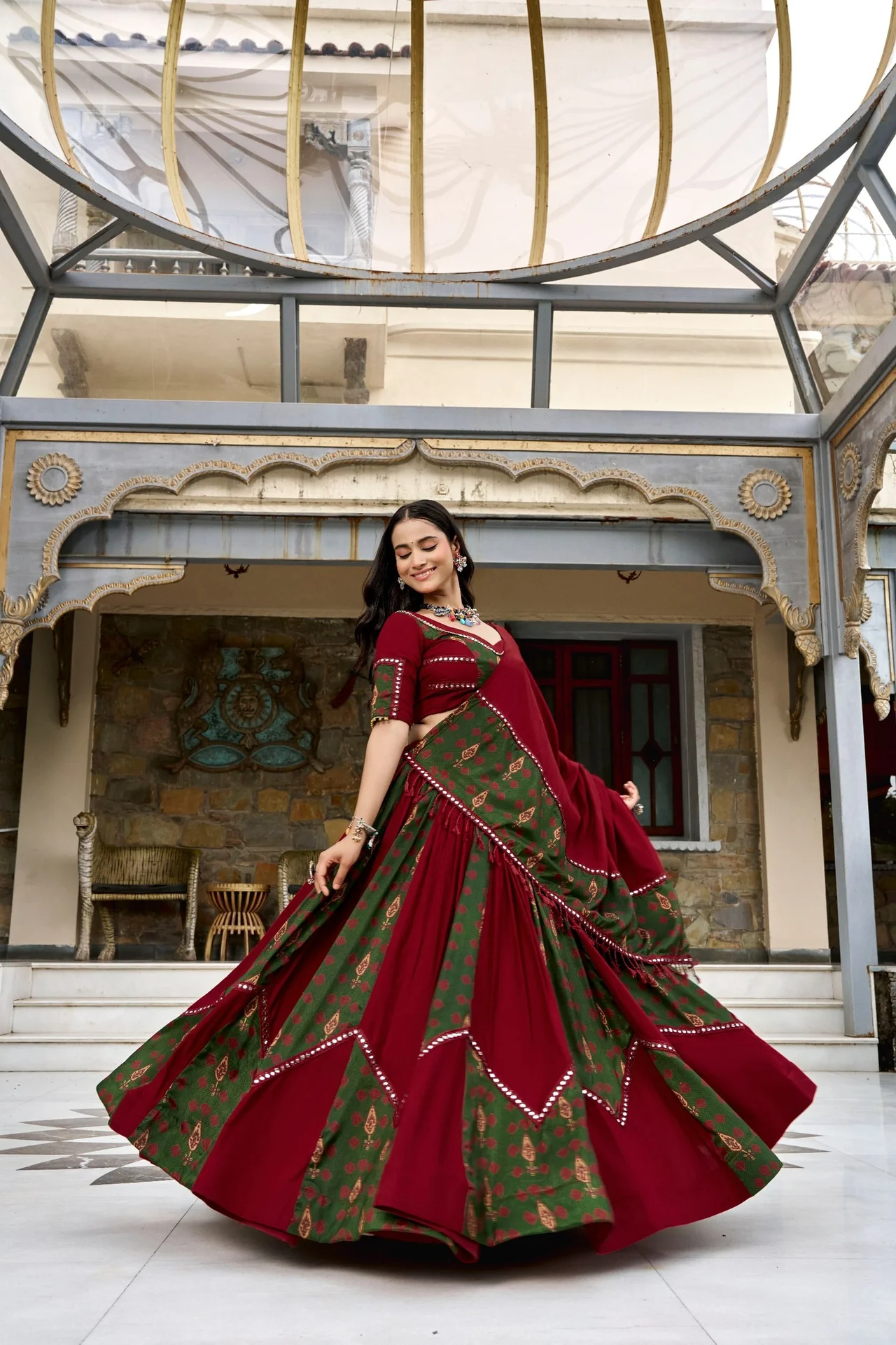 Women’s Ajrakh Printed Rayon Lehenga Choli With Dupatta in Maroon — photo 2 of 4
