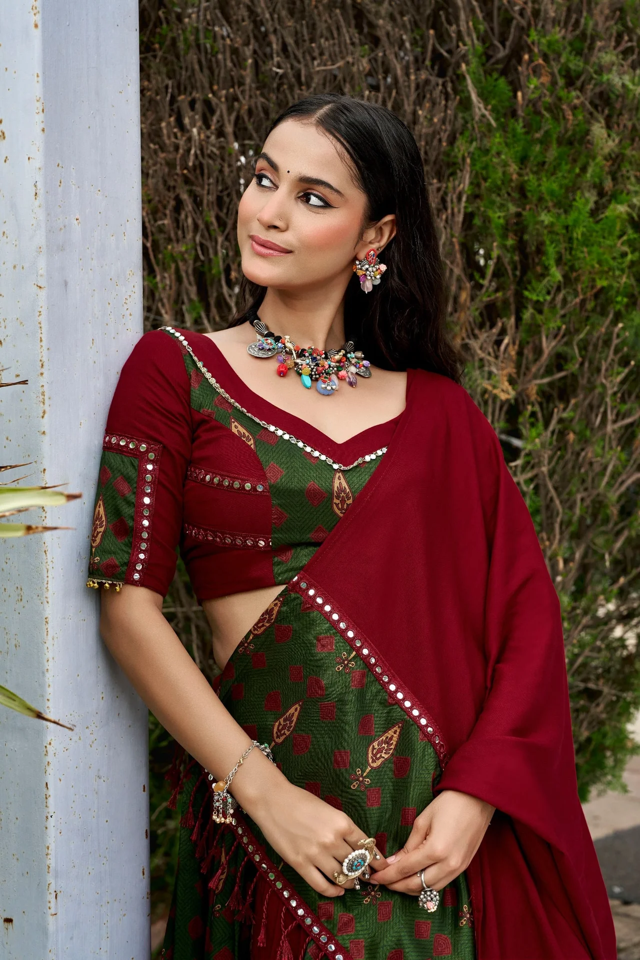 Women’s Ajrakh Printed Rayon Lehenga Choli With Dupatta in Maroon — photo 3 of 4