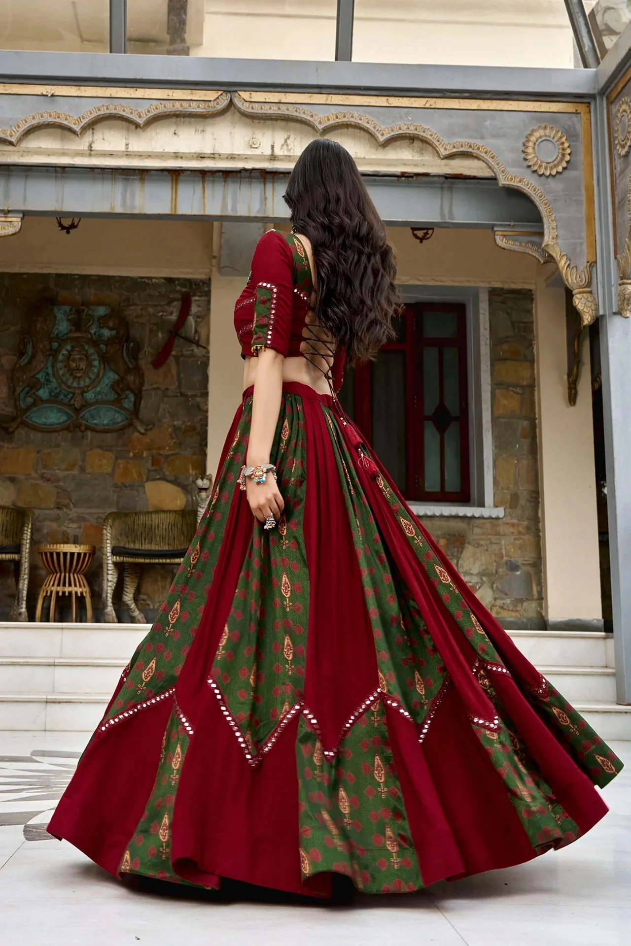 Women’s Ajrakh Printed Rayon Lehenga Choli With Dupatta in Maroon — photo 4 of 4