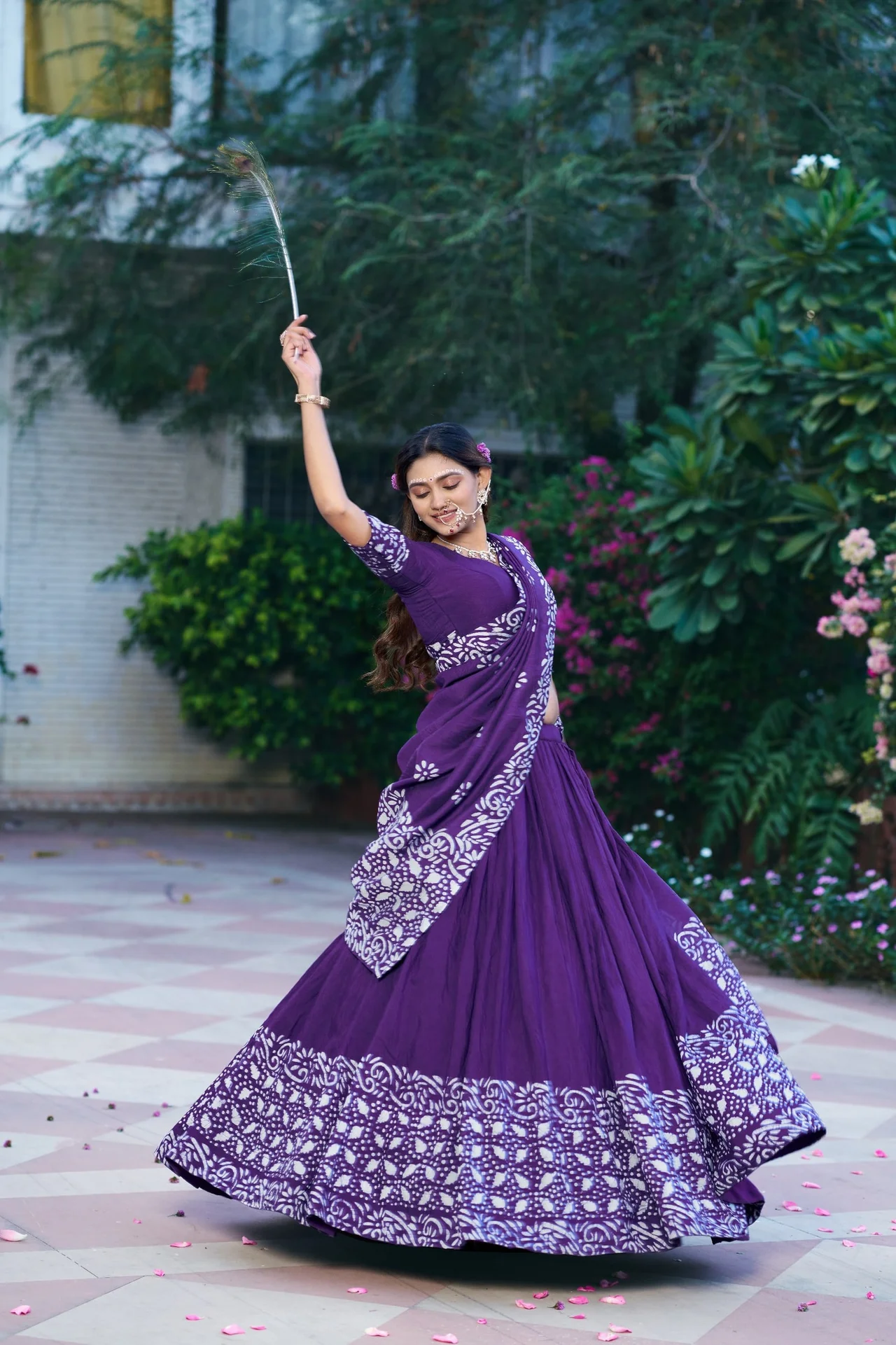 Women’s Cotton Chanderi Natural Batik Printed Lehenga Choli with Dupatta in Purple — photo 2 of 4