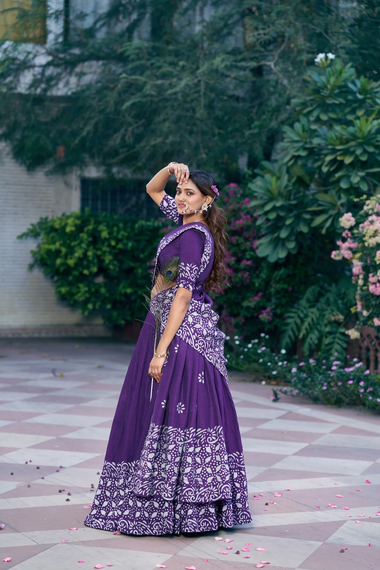 Women’s Cotton Chanderi Natural Batik Printed Lehenga Choli with Dupatta in Purple — photo 3 of 4
