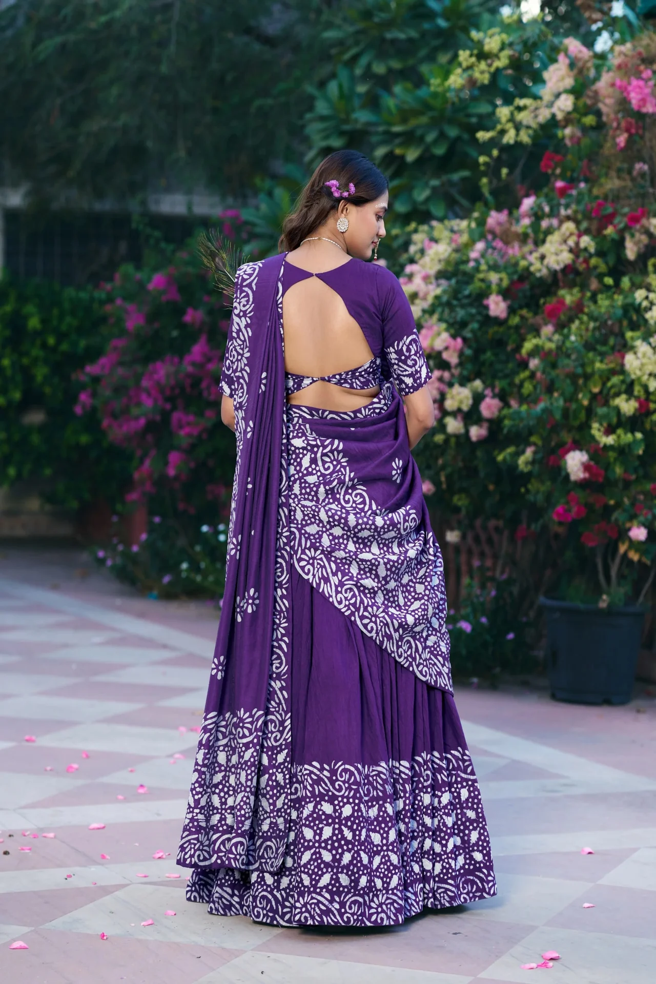 Women’s Cotton Chanderi Natural Batik Printed Lehenga Choli with Dupatta in Purple — photo 4 of 4
