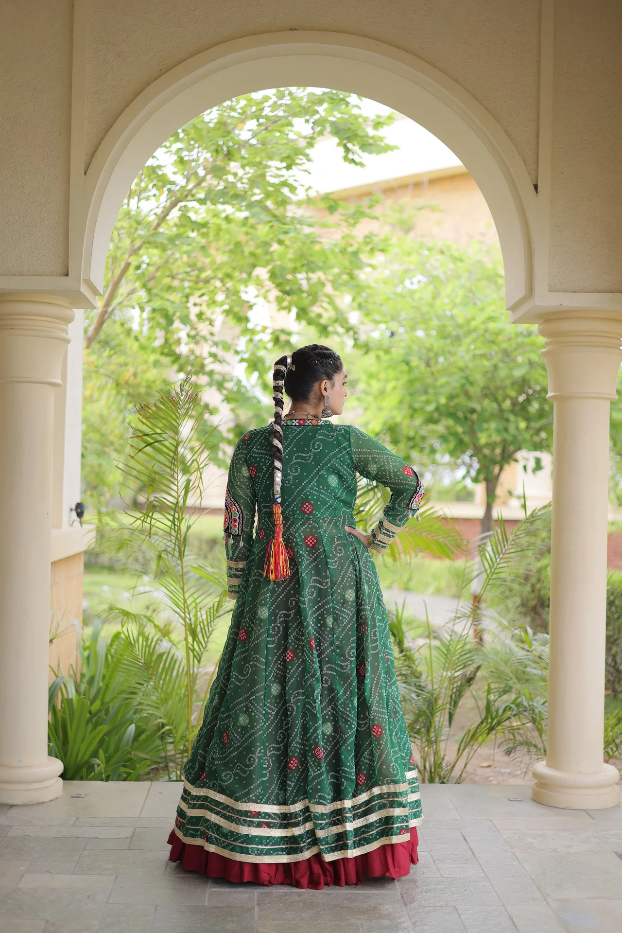 Women's Rayon Lehenga Choli with Bandhani Print Shrug in Bottle Green — photo 2 of 5